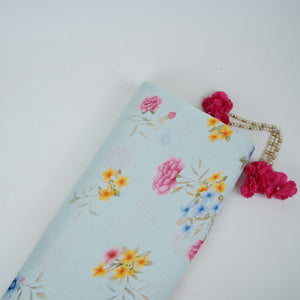 Light Aqua Blue floral print 40s Pure Linen Fabric VF-31348 - TradeUNO