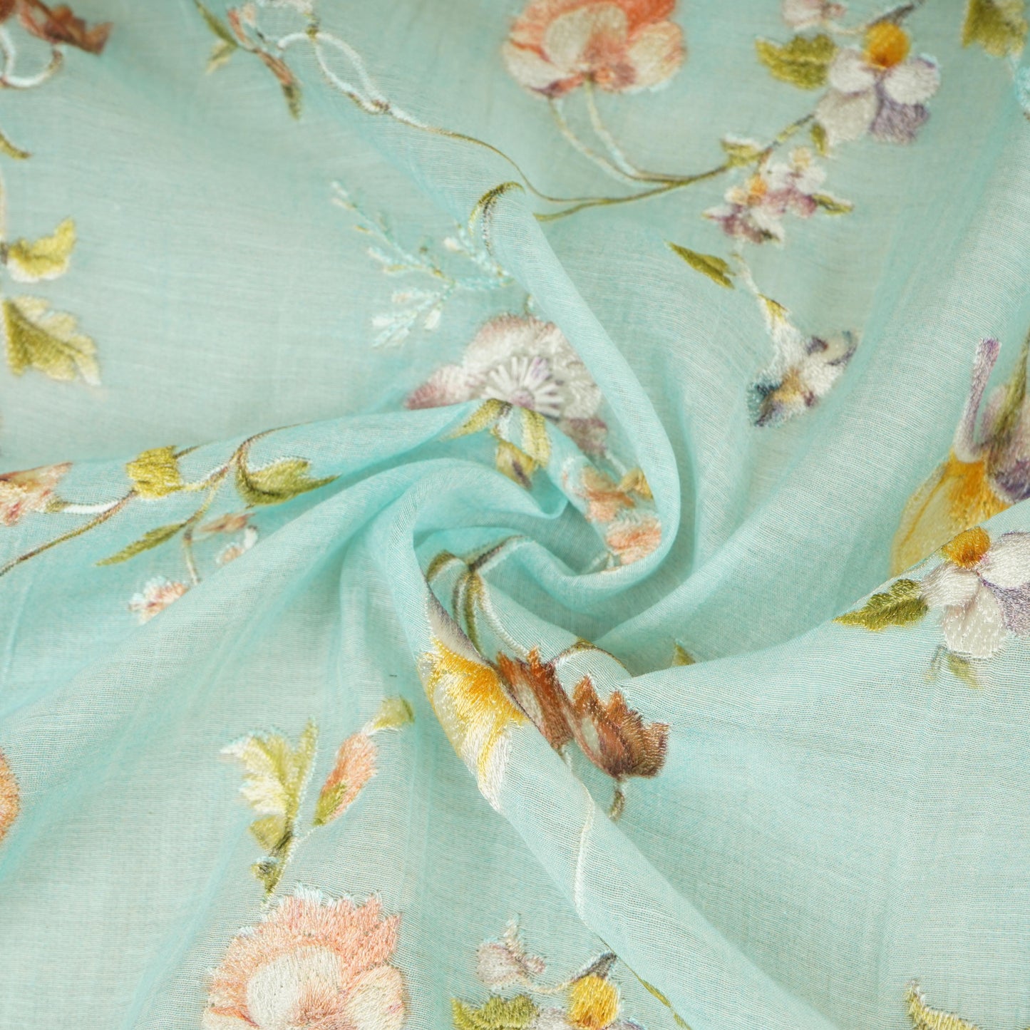 Sky Blue fine floral embroidery Mul Chanderi Fabric SNA-29631