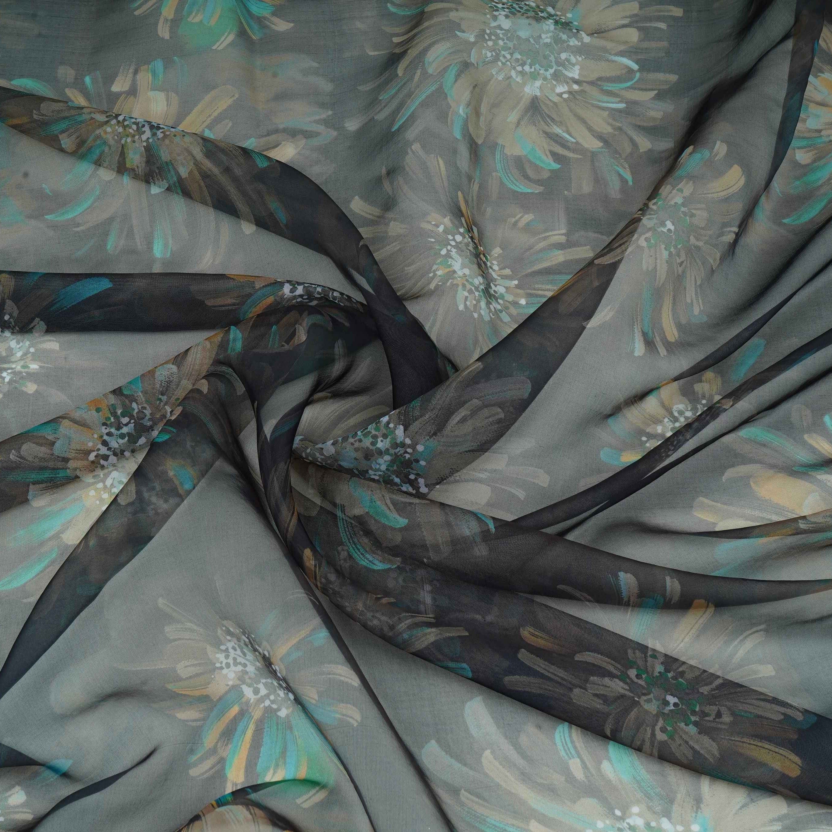 Charcoal Black floral print Organza Fabric MTFG-31105 - TradeUNO