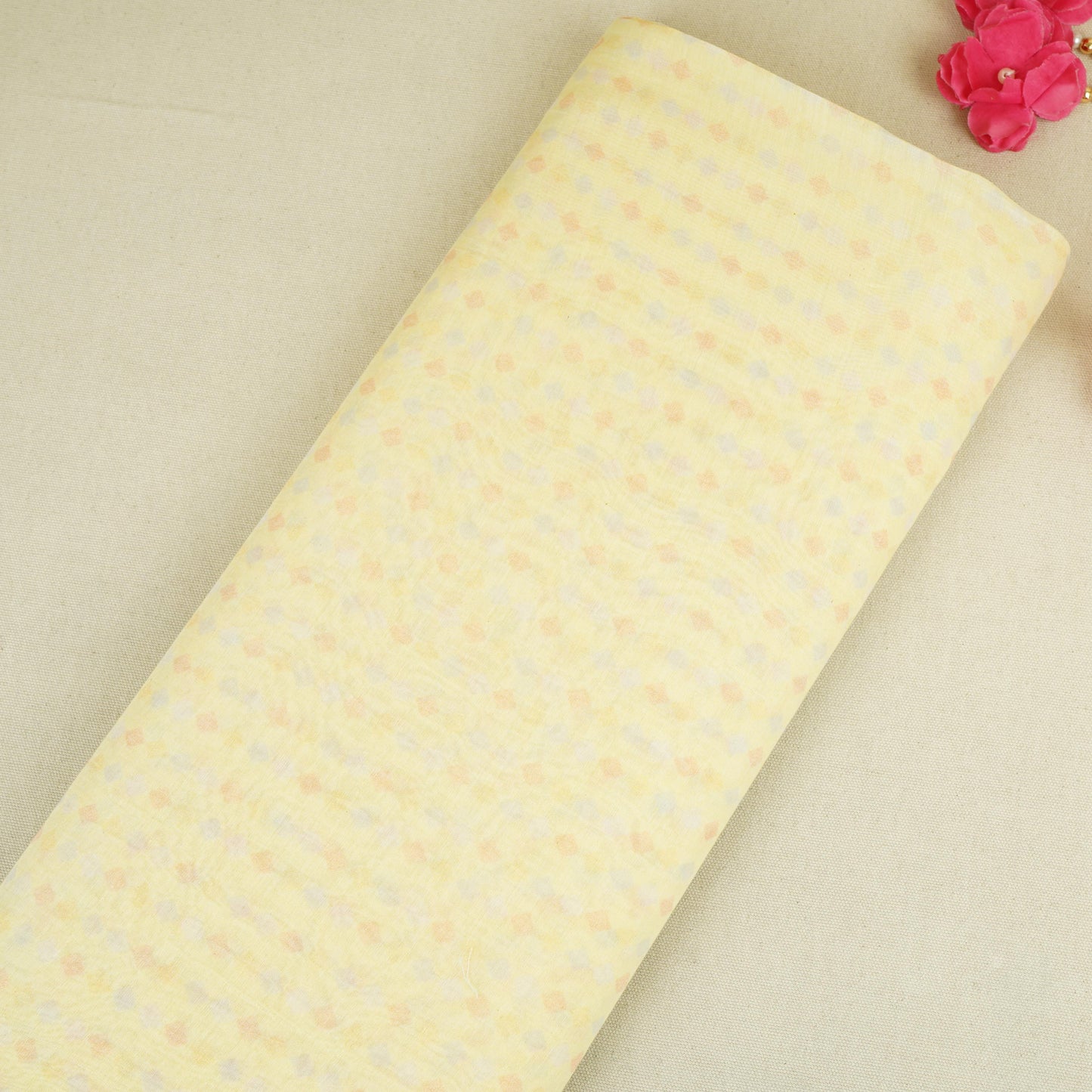 Yellow Geomatrical Print Mul Chanderi Fabric SNA-29628