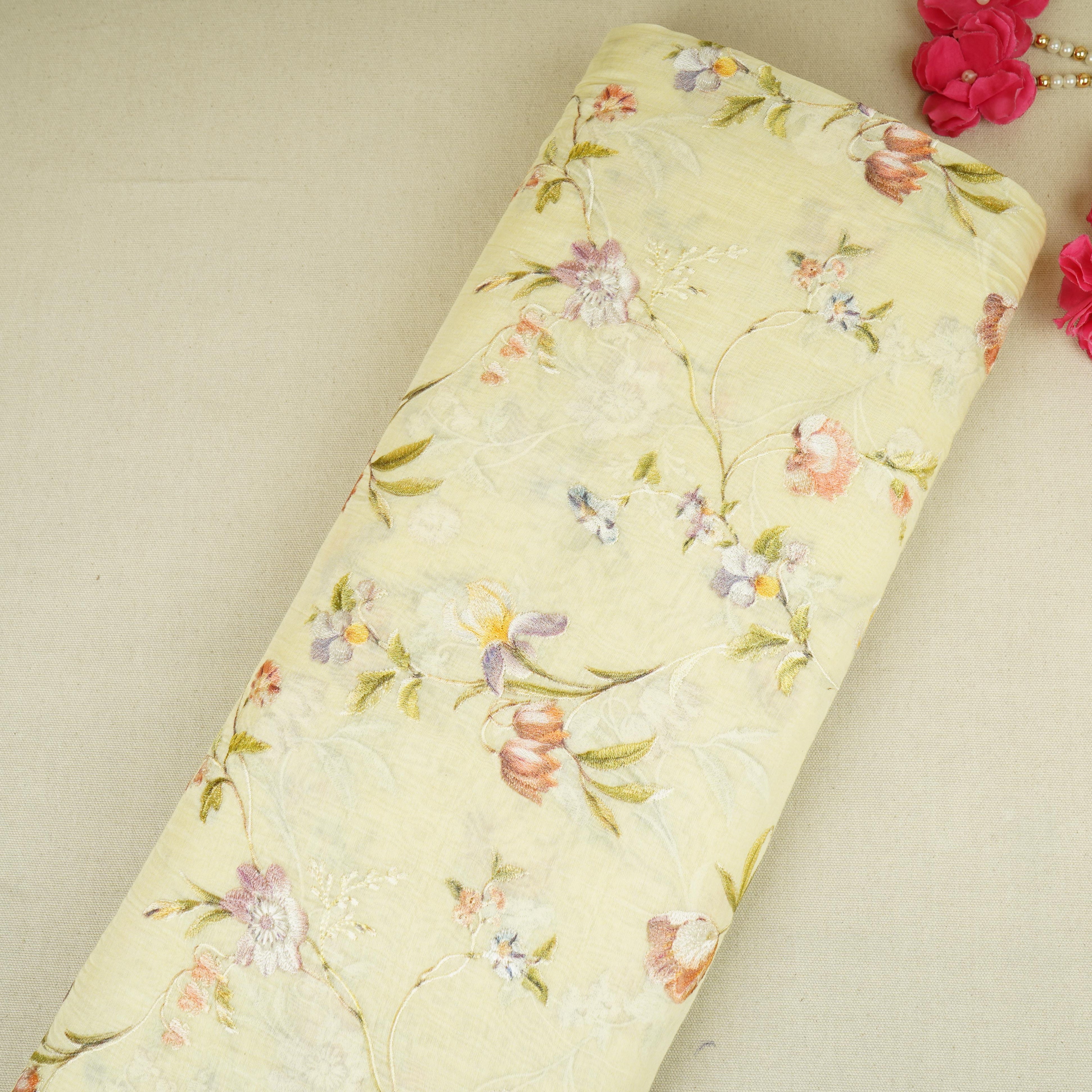 Yellow fine floral embroidery Mul Chanderi Fabric SNA-29629 - TradeUNO