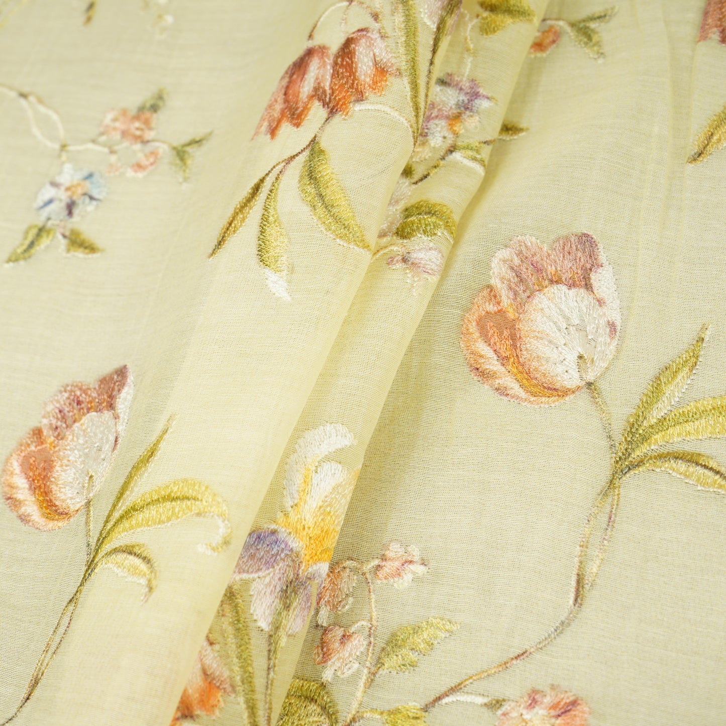 Yellow fine floral embroidery Mul Chanderi Fabric SNA-29629