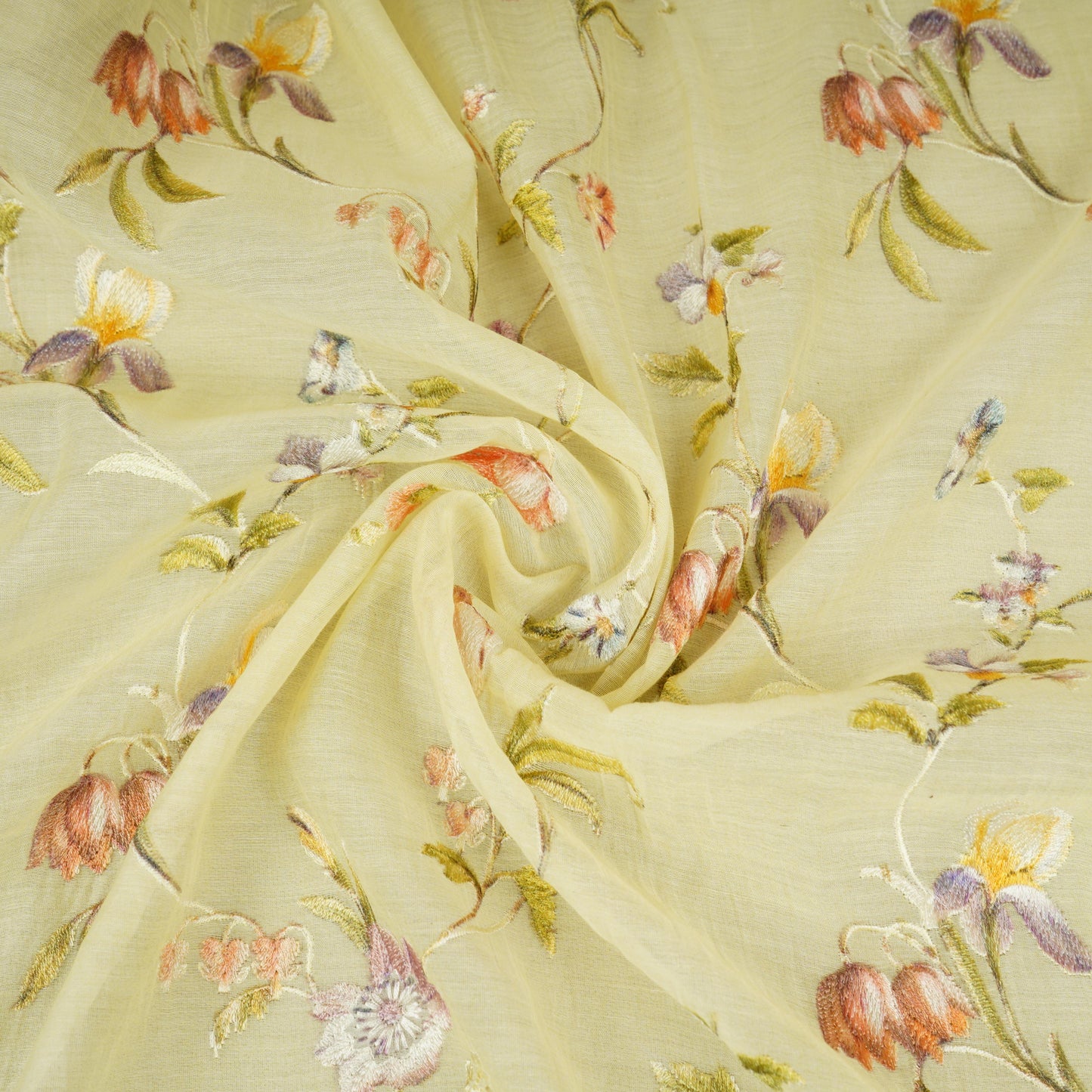 Yellow fine floral embroidery Mul Chanderi Fabric SNA-29629