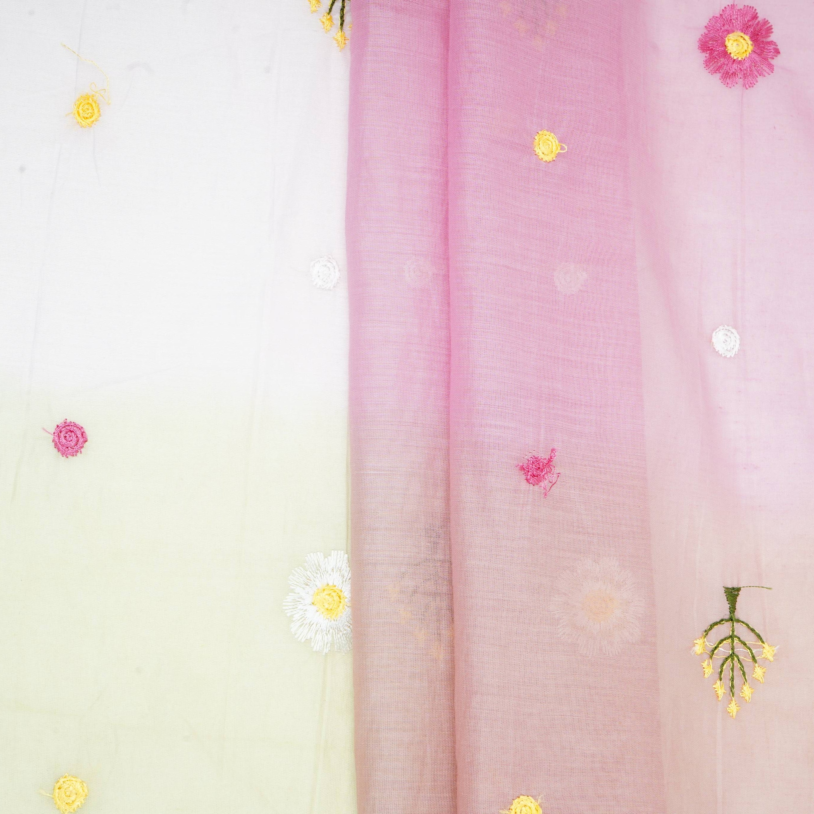 Sage Green With Multicolor 4D Shaded Embroidery Mul Chanderi Fabric DC-30691 - TradeUNO