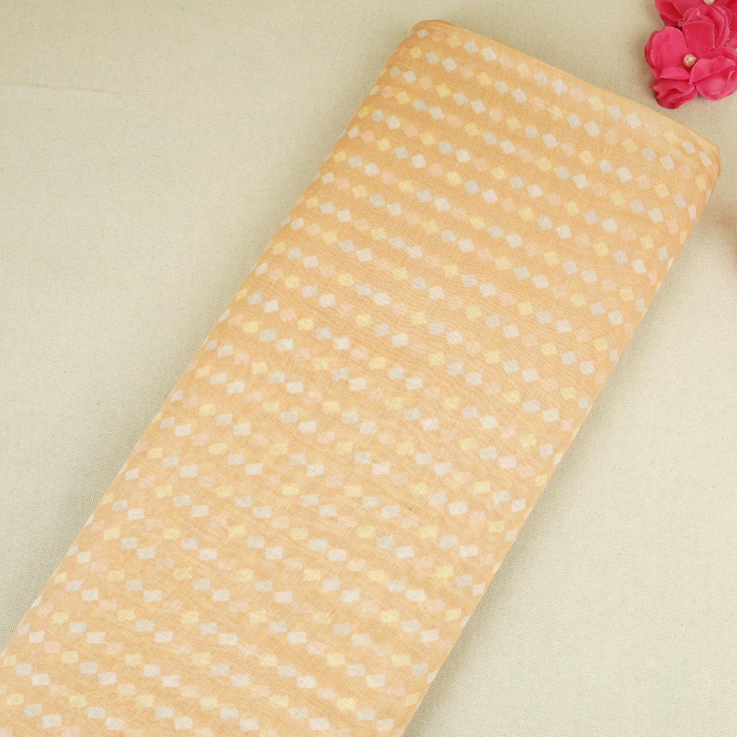 Peach Geomatrical Print Mul Chanderi Fabric SNA-29635