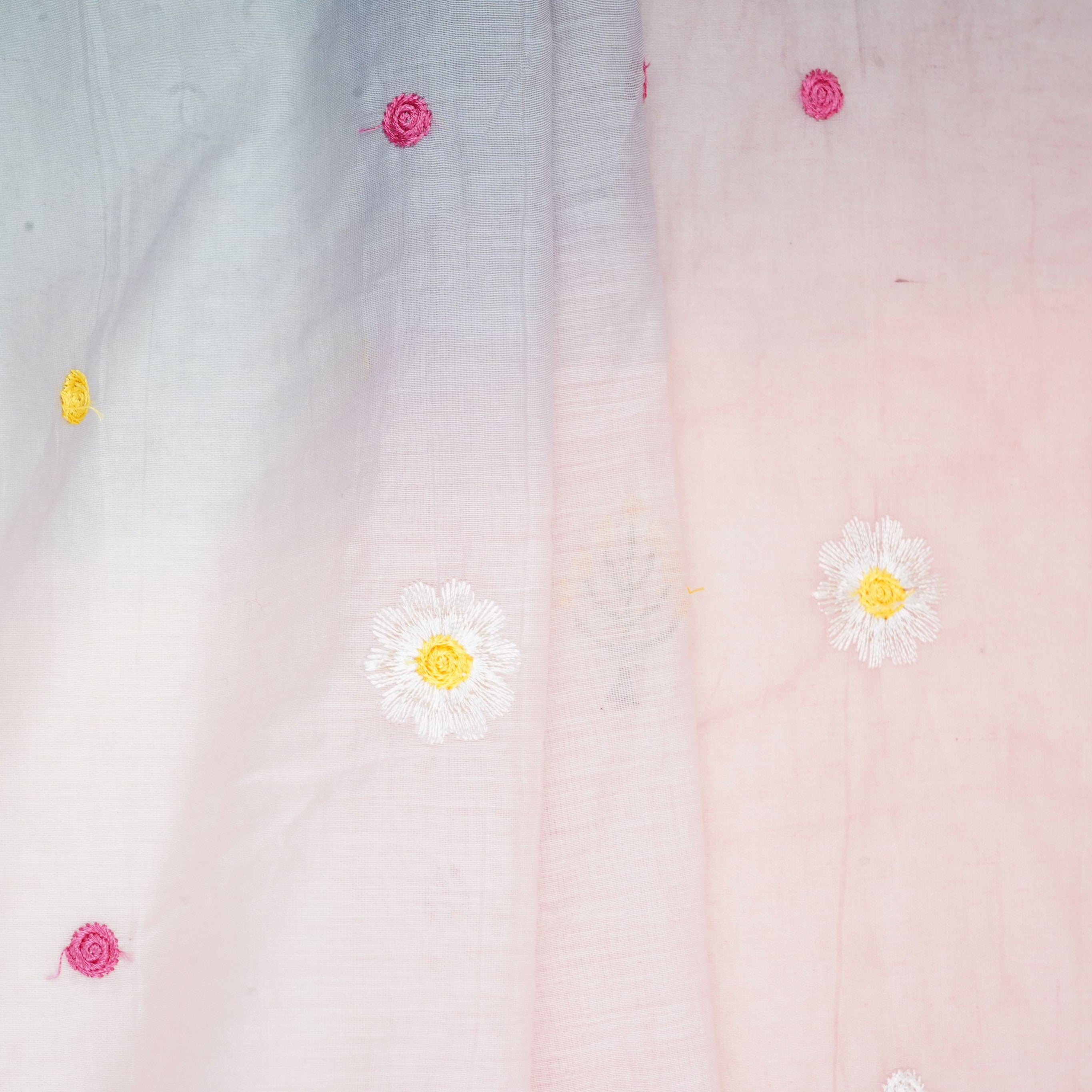 Blush Pink With Multicolor 4D Shaded Embroidery Mul Chanderi Fabric DC-30686 - TradeUNO