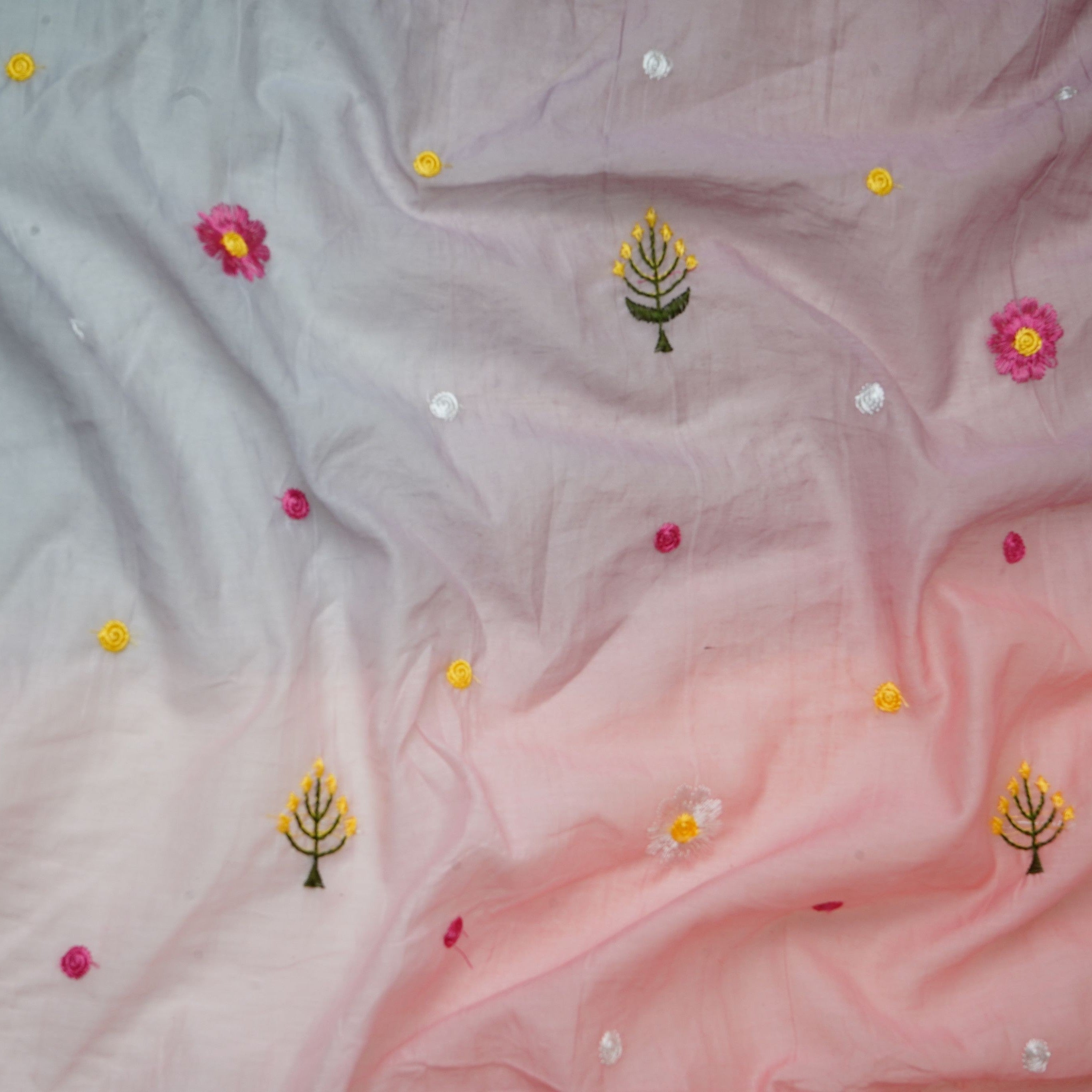 Blush Pink With Multicolor 4D Shaded Embroidery Mul Chanderi Fabric DC-30686 - TradeUNO