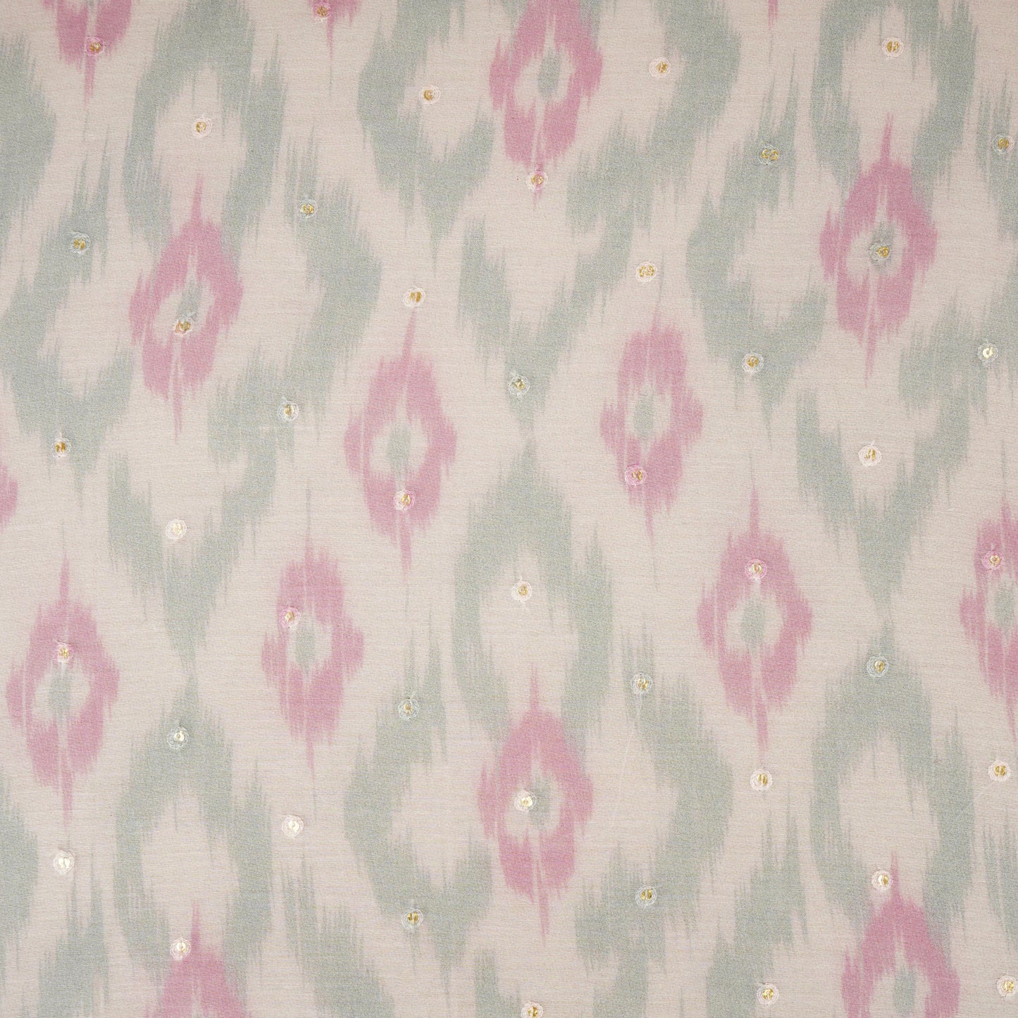 Baby Pink Ikkat print mukaish work Mul Chanderi Fabric SNA-29625