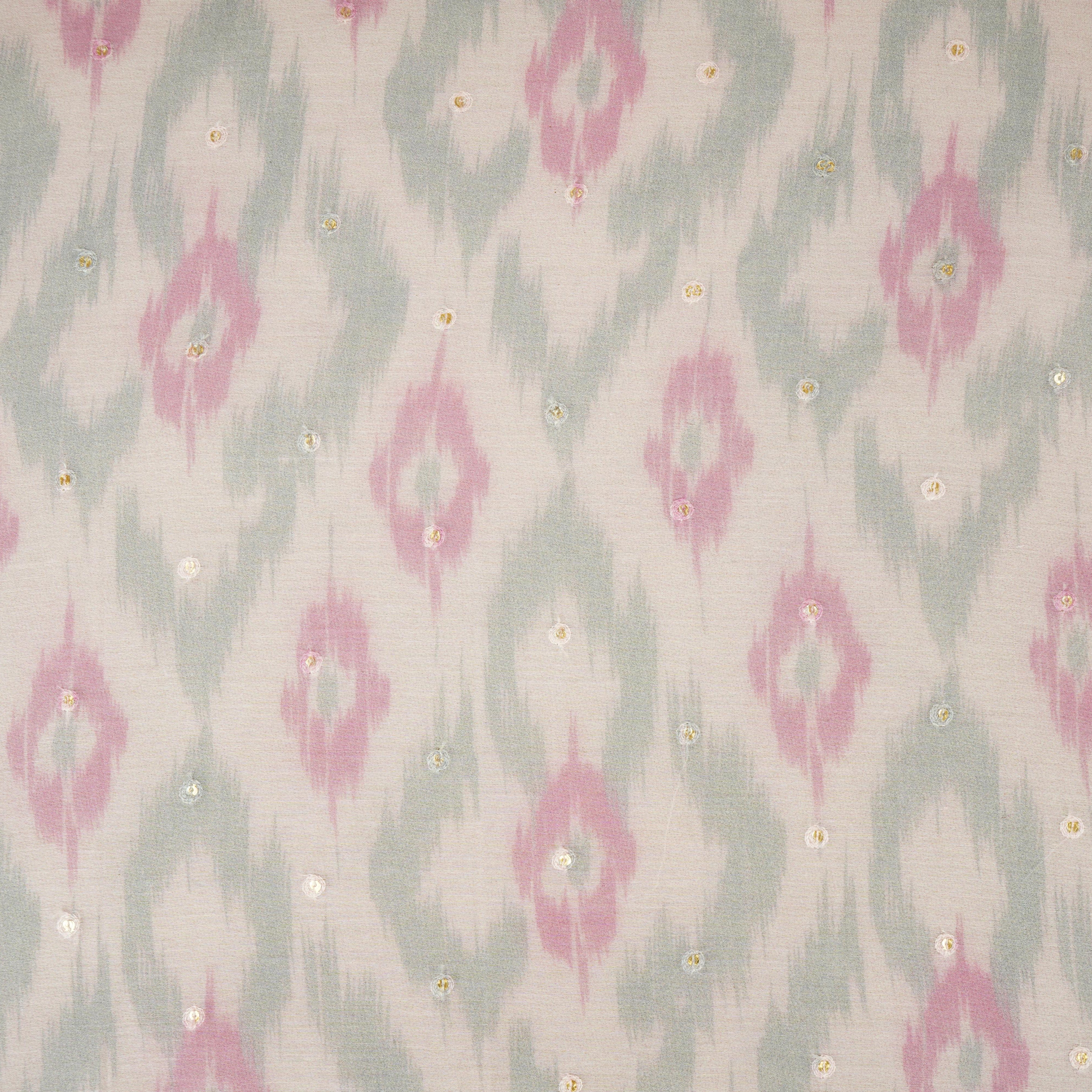 Baby Pink Ikkat print mukaish work Mul Chanderi Fabric SNA-29625 - TradeUNO