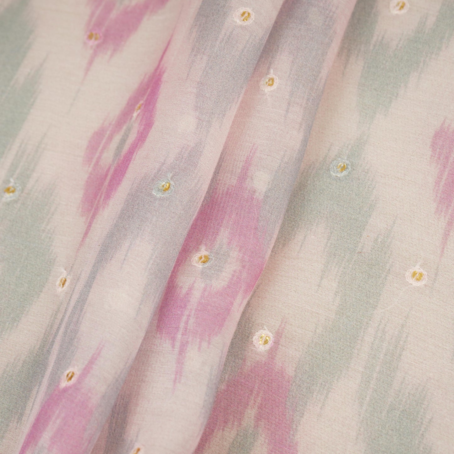 Baby Pink Ikkat print mukaish work Mul Chanderi Fabric SNA-29625