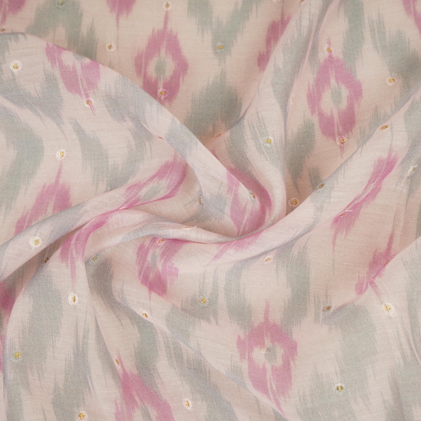 Baby Pink Ikkat print mukaish work Mul Chanderi Fabric SNA-29625