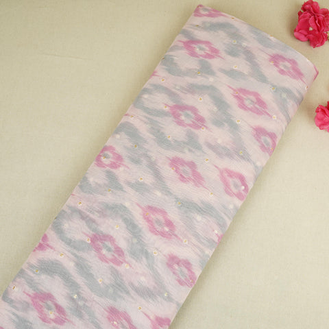 Baby Pink Ikkat print mukaish work Mul Chanderi Fabric SNA-29625