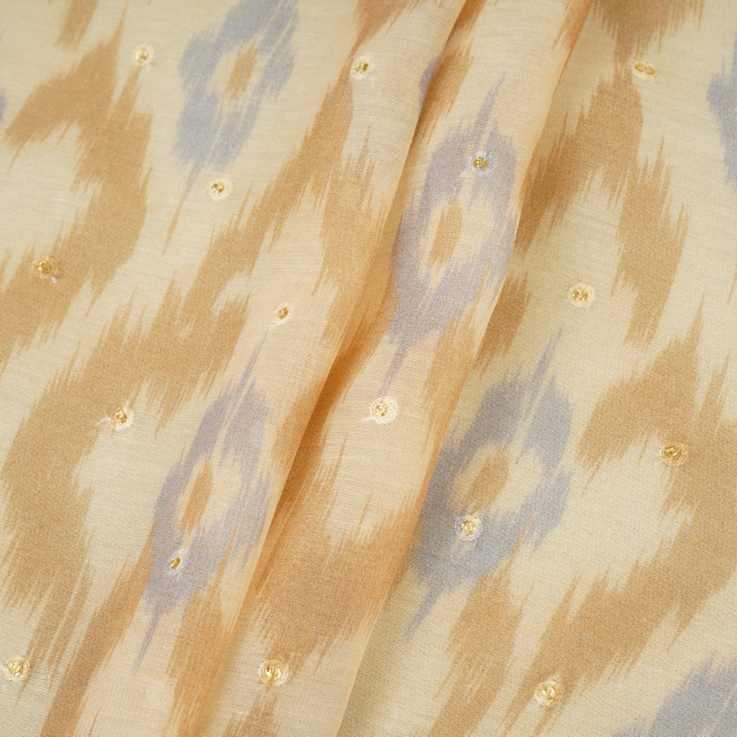 Peach Ikkat print mukaish work Mul Chanderi Fabric SNA-29627