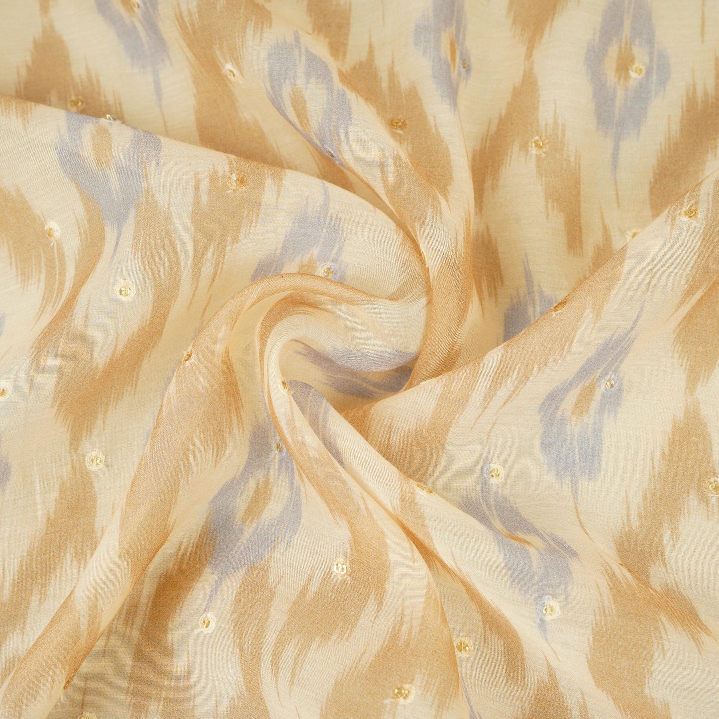 Peach Ikkat print mukaish work Mul Chanderi Fabric SNA-29627