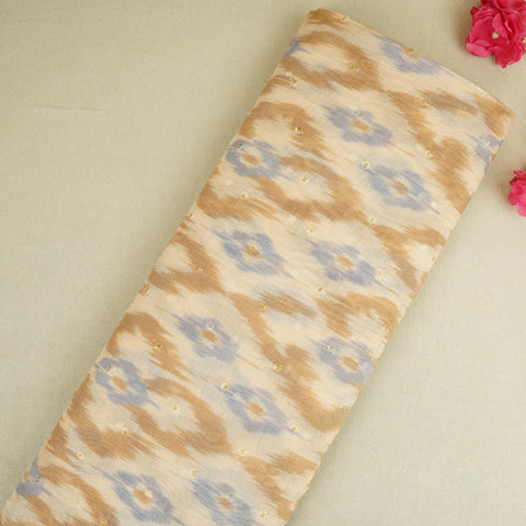 Peach Ikkat print mukaish work Mul Chanderi Fabric SNA-29627