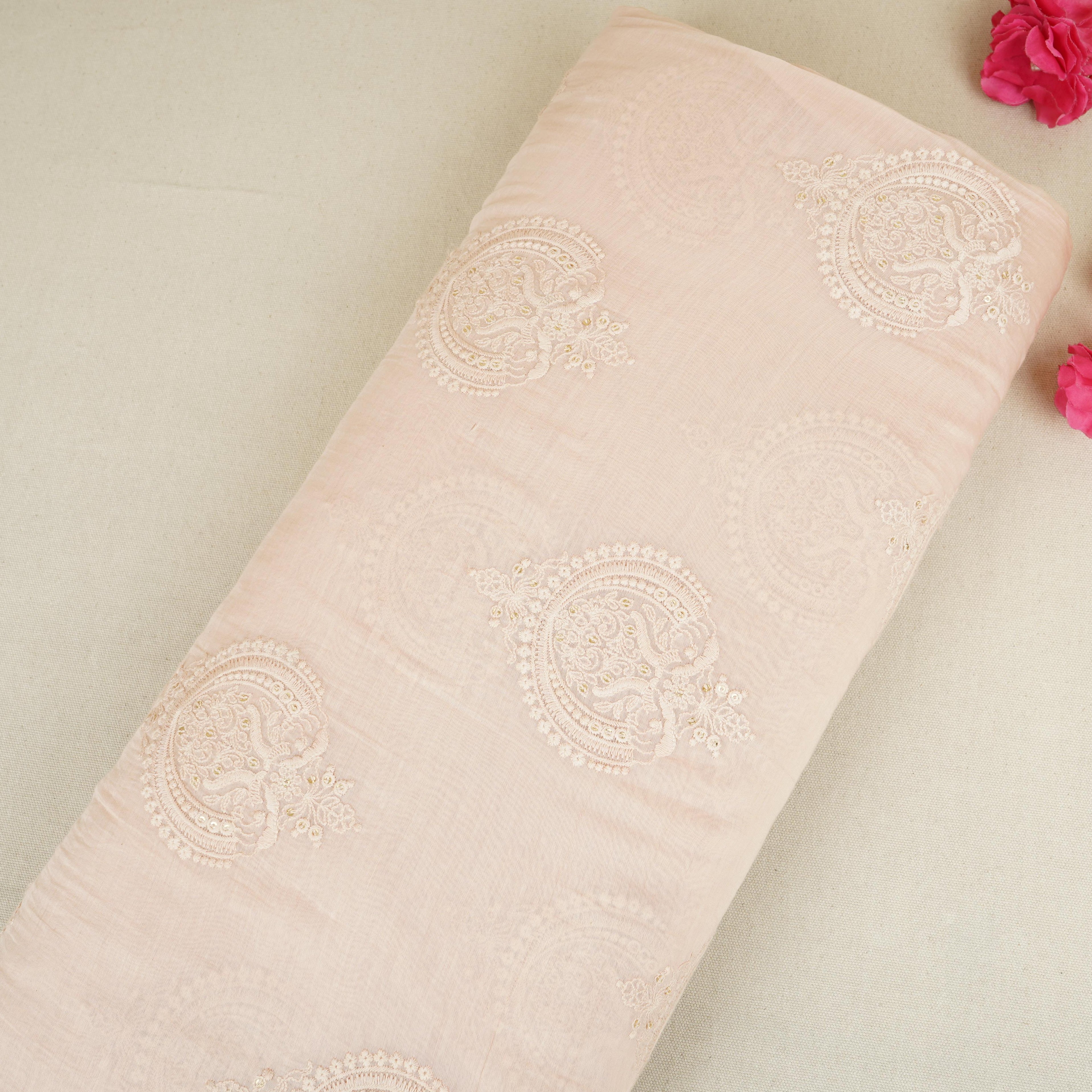 Peach Chikankari motif embroidery Mul Chanderi Fabric SNA-29623 - TradeUNO