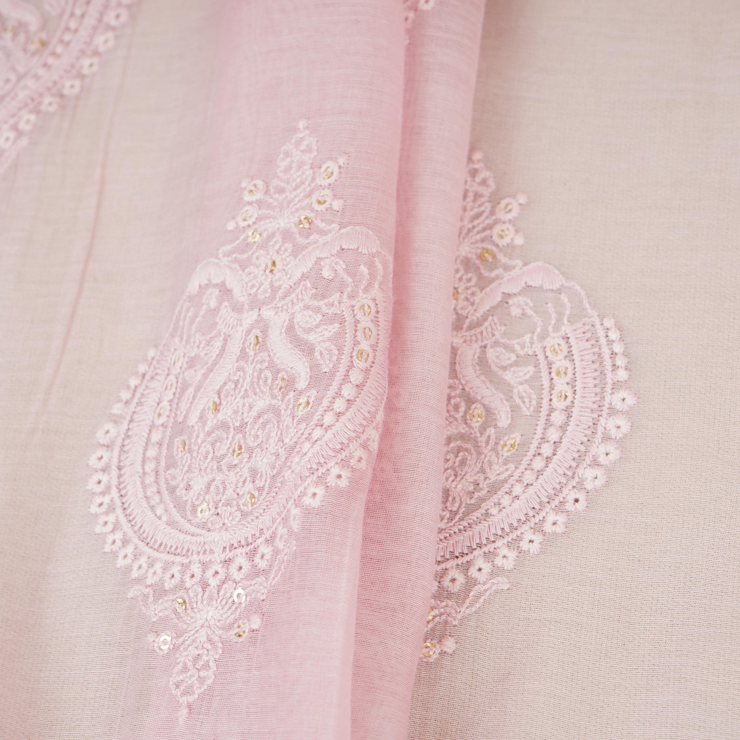 Baby Pink Chikankari motif embroidery Mul Chanderi Fabric SNA-29624