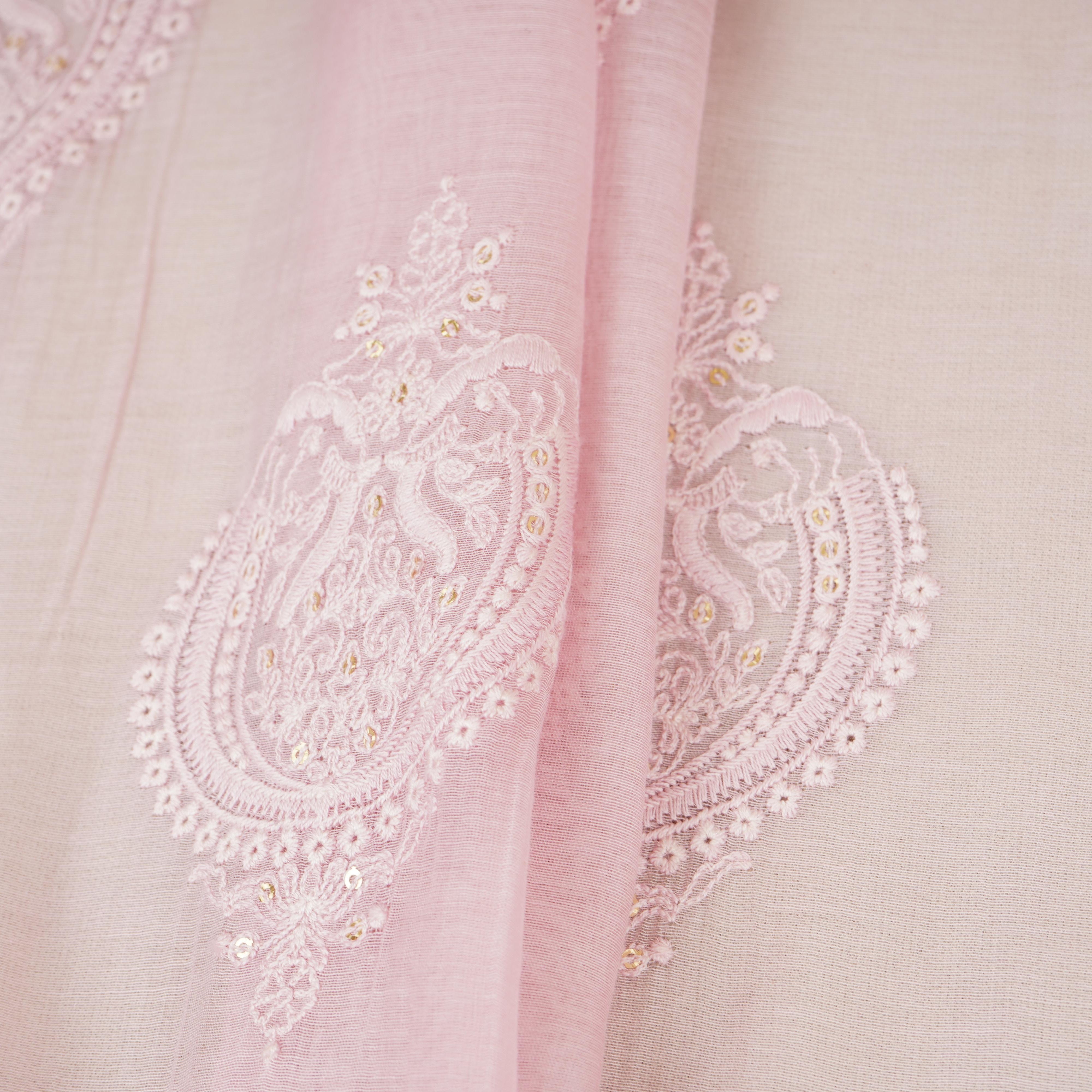 Baby Pink Chikankari motif embroidery Mul Chanderi Fabric SNA-29624 - TradeUNO