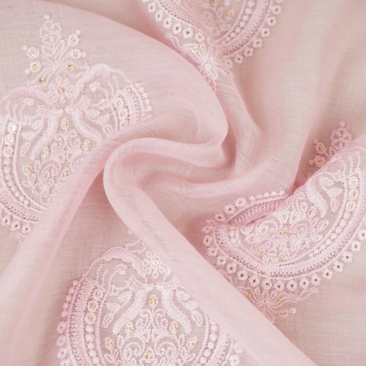 Baby Pink Chikankari motif embroidery Mul Chanderi Fabric SNA-29624