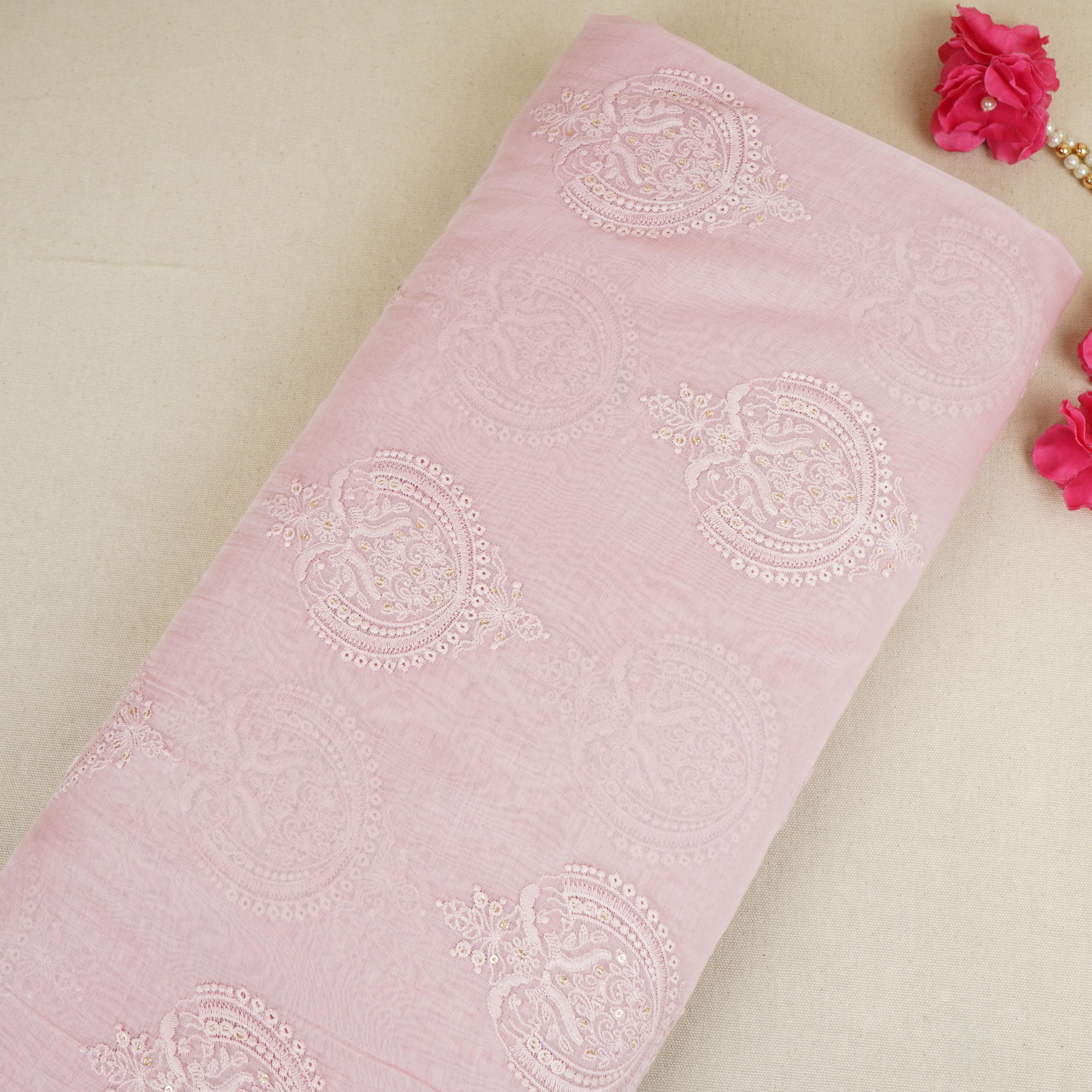 Baby Pink Chikankari motif embroidery Mul Chanderi Fabric SNA-29624 - TradeUNO