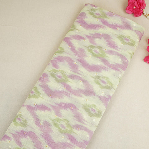 Light Green Ikkat print mukaish work Mul Chanderi Fabric SNA-29626