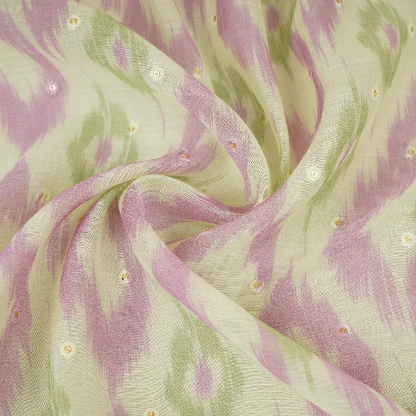 Light Green Ikkat print mukaish work Mul Chanderi Fabric SNA-29626