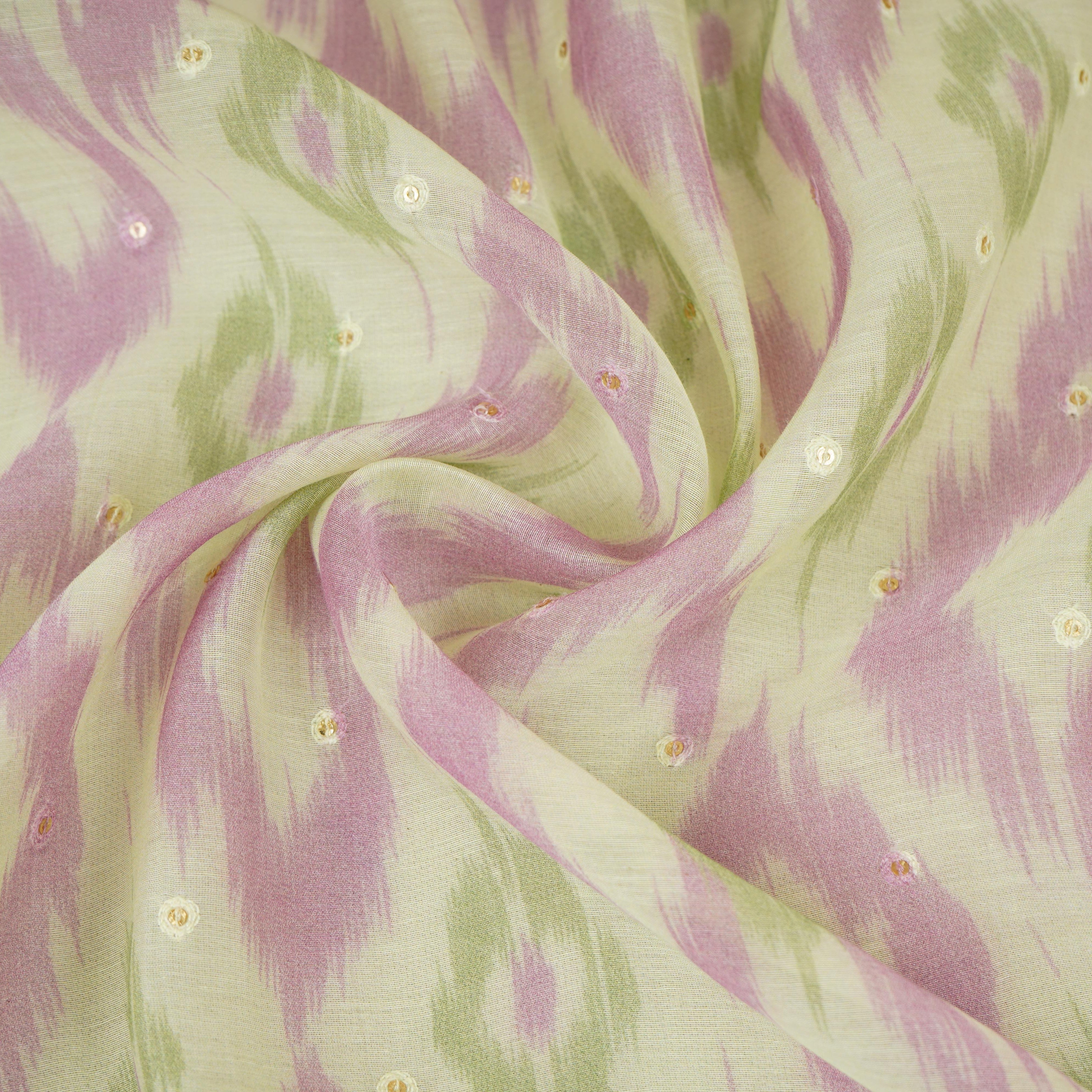 Light Green Ikkat print mukaish work Mul Chanderi Fabric SNA-29626 - TradeUNO