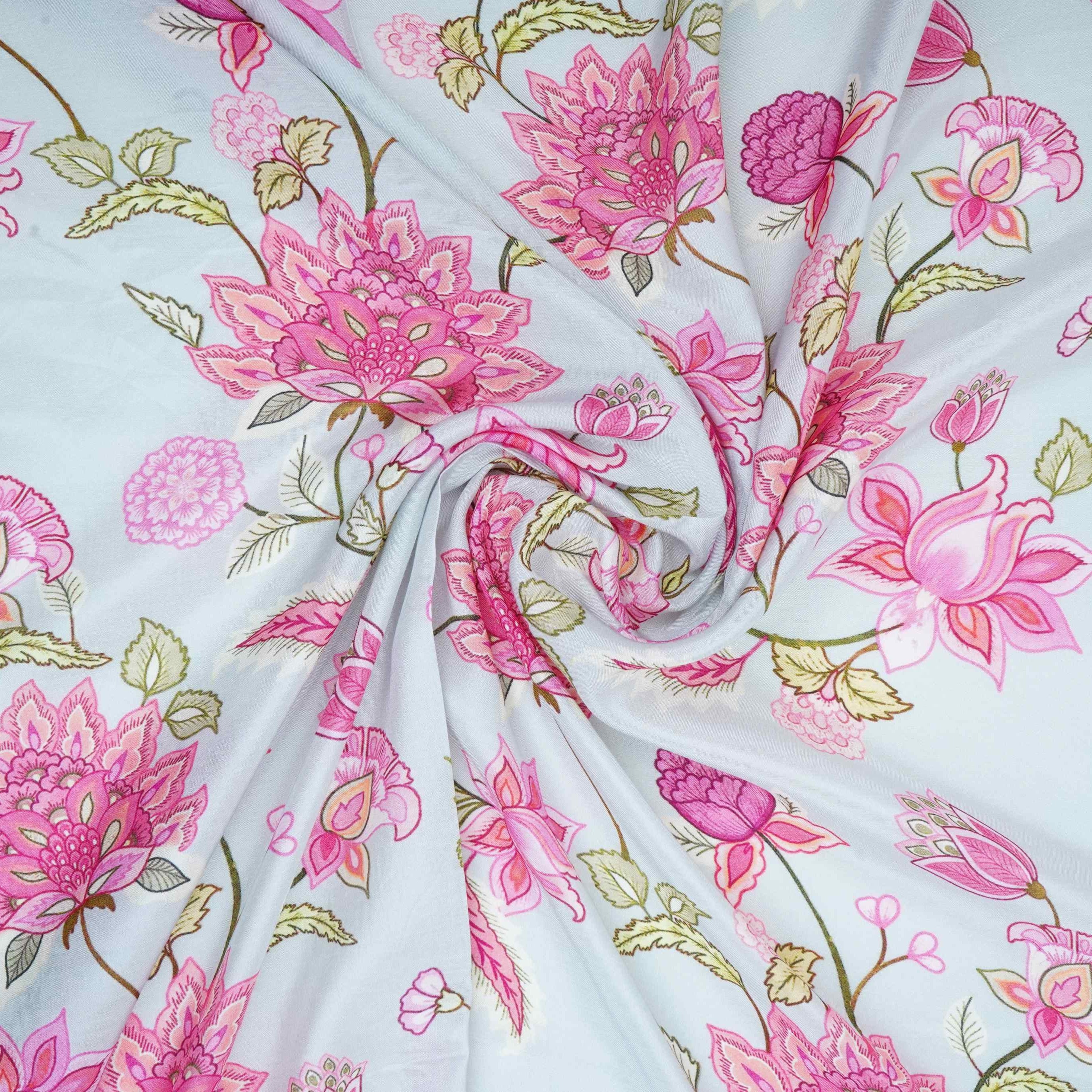 Light Grey Mughal Floral Print Muslin Fabric GTS-30948 - TradeUNO