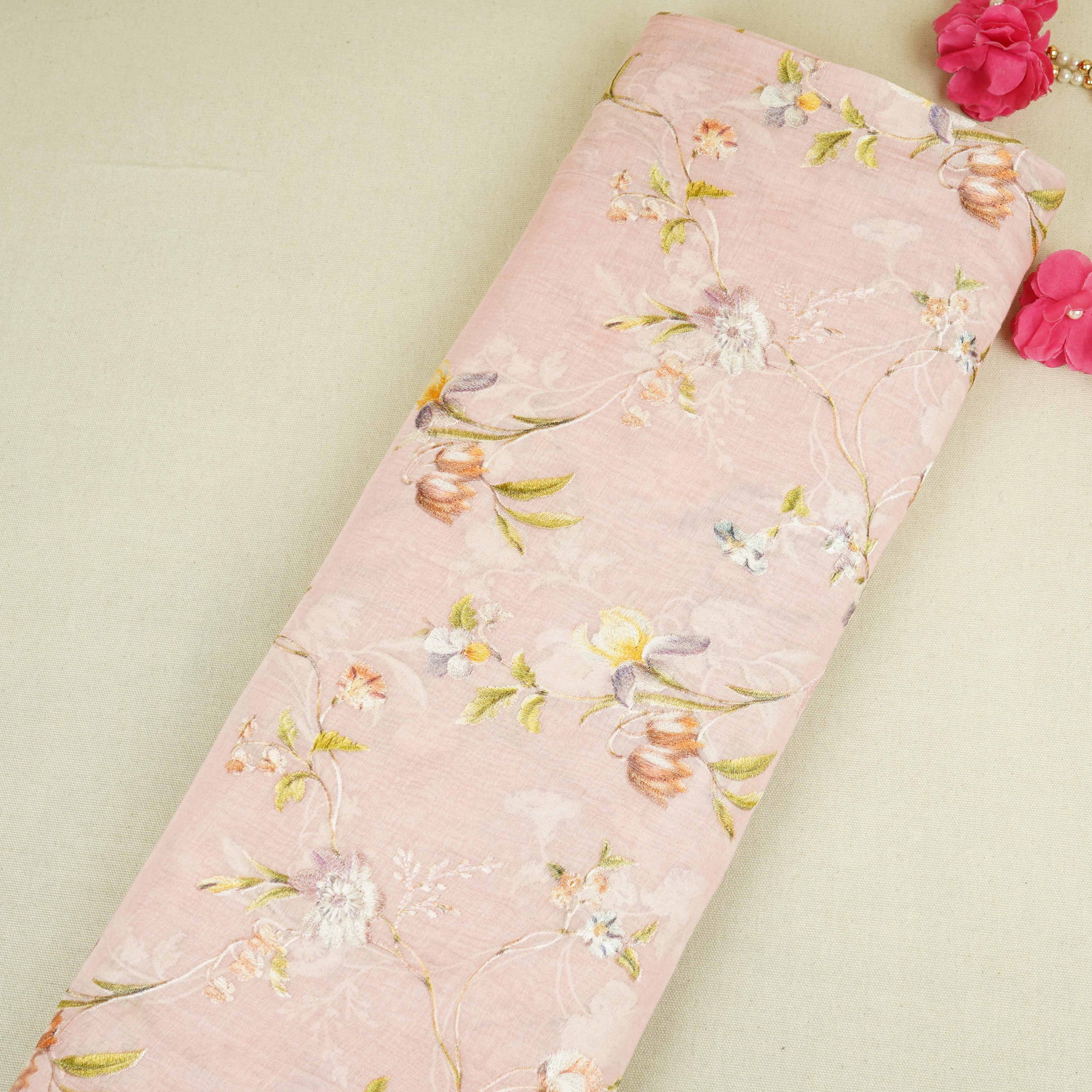 Pink fine floral embroidery Mul Chanderi Fabric SNA-29632 - TradeUNO