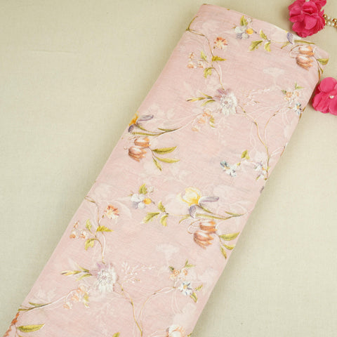 Pink fine floral embroidery Mul Chanderi Fabric SNA-29632