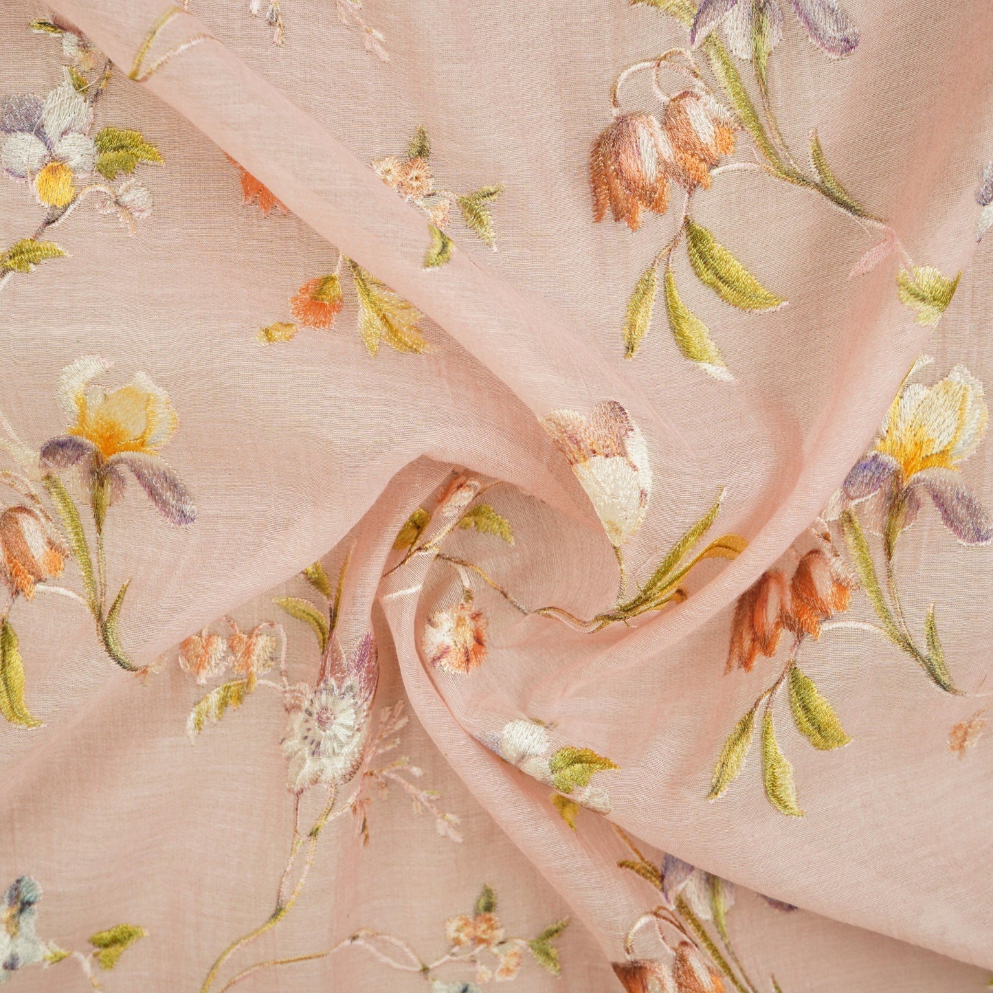 Pink fine floral embroidery Mul Chanderi Fabric SNA-29632