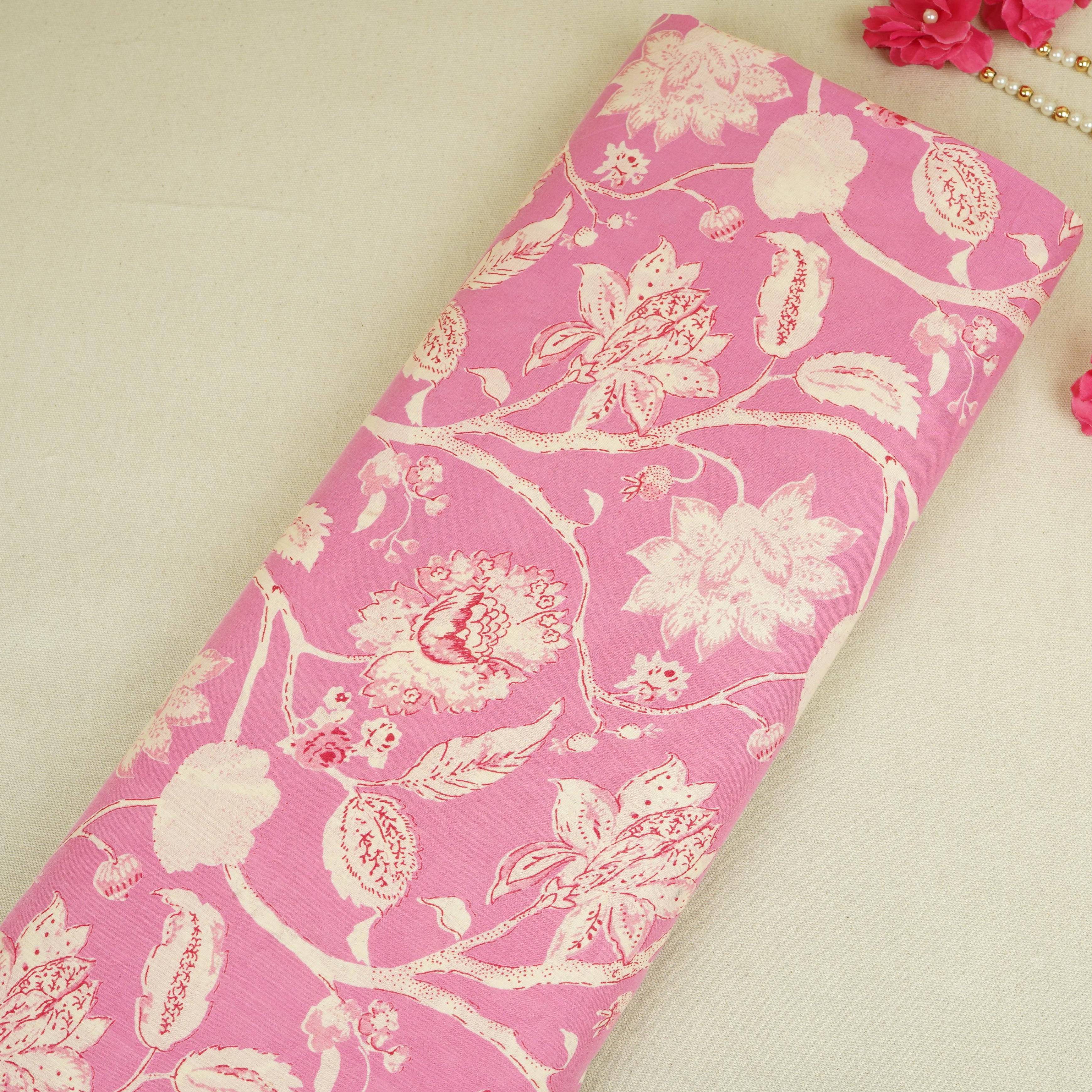 Cream with Pink Floral Print Cotton Fabric AFI-29535 - TradeUNO