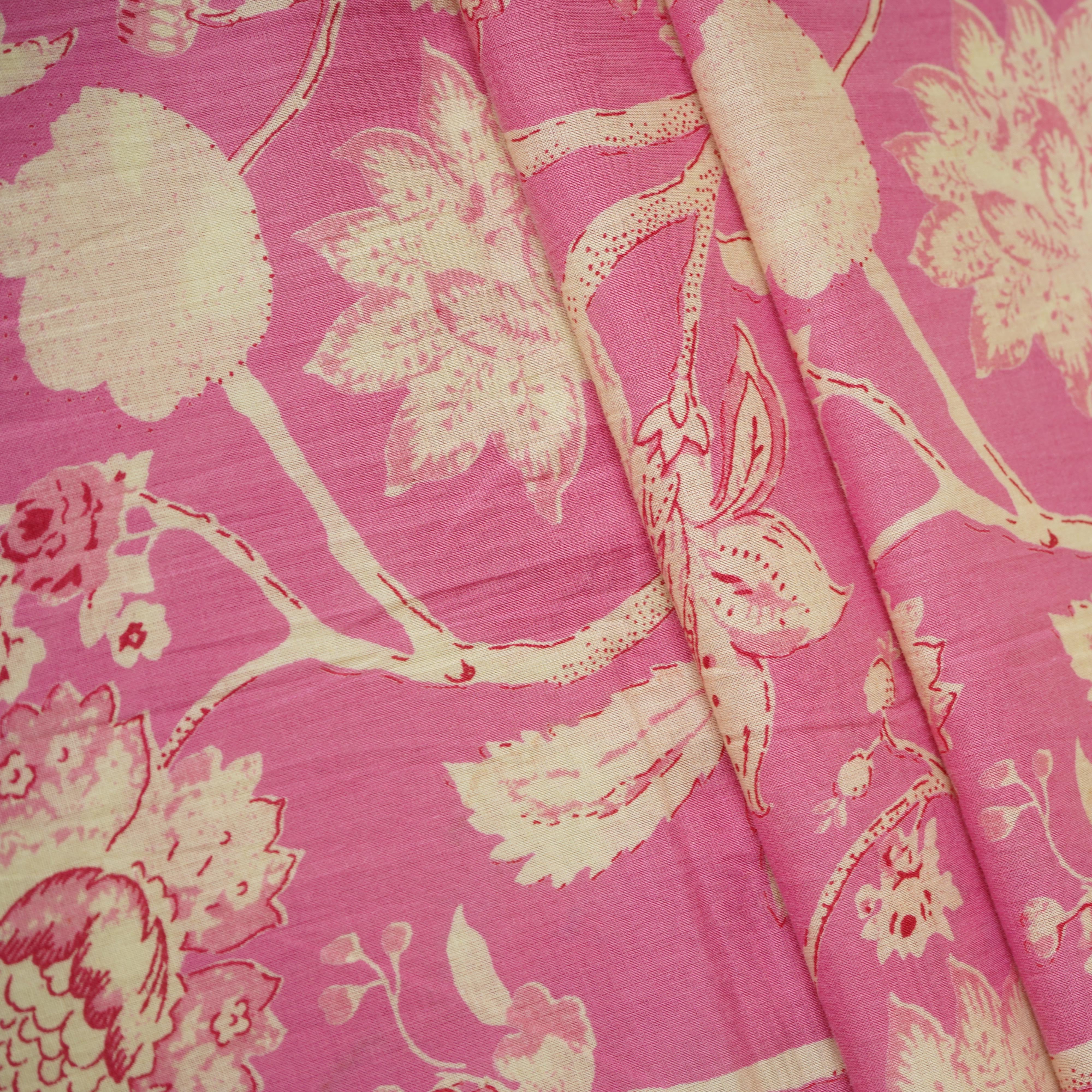 Cream with Pink Floral Print Cotton Fabric AFI-29535 - TradeUNO