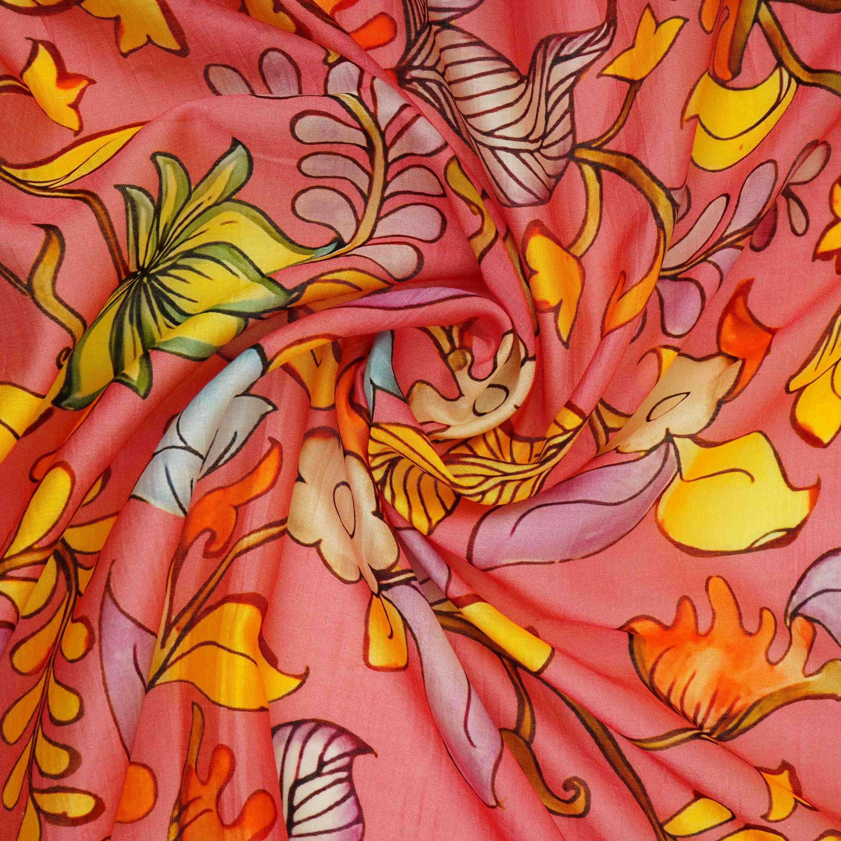 Rani Pink Kalamkari Print Pure 70gm Chanderi Fabric VF-30893 - TradeUNO