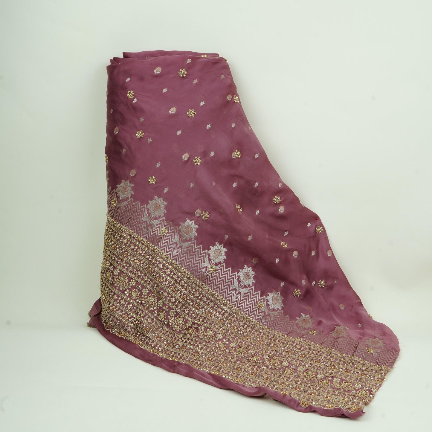 Dusky Pink Zari cutdana embroidery Satin Silk Fabric TF-31120