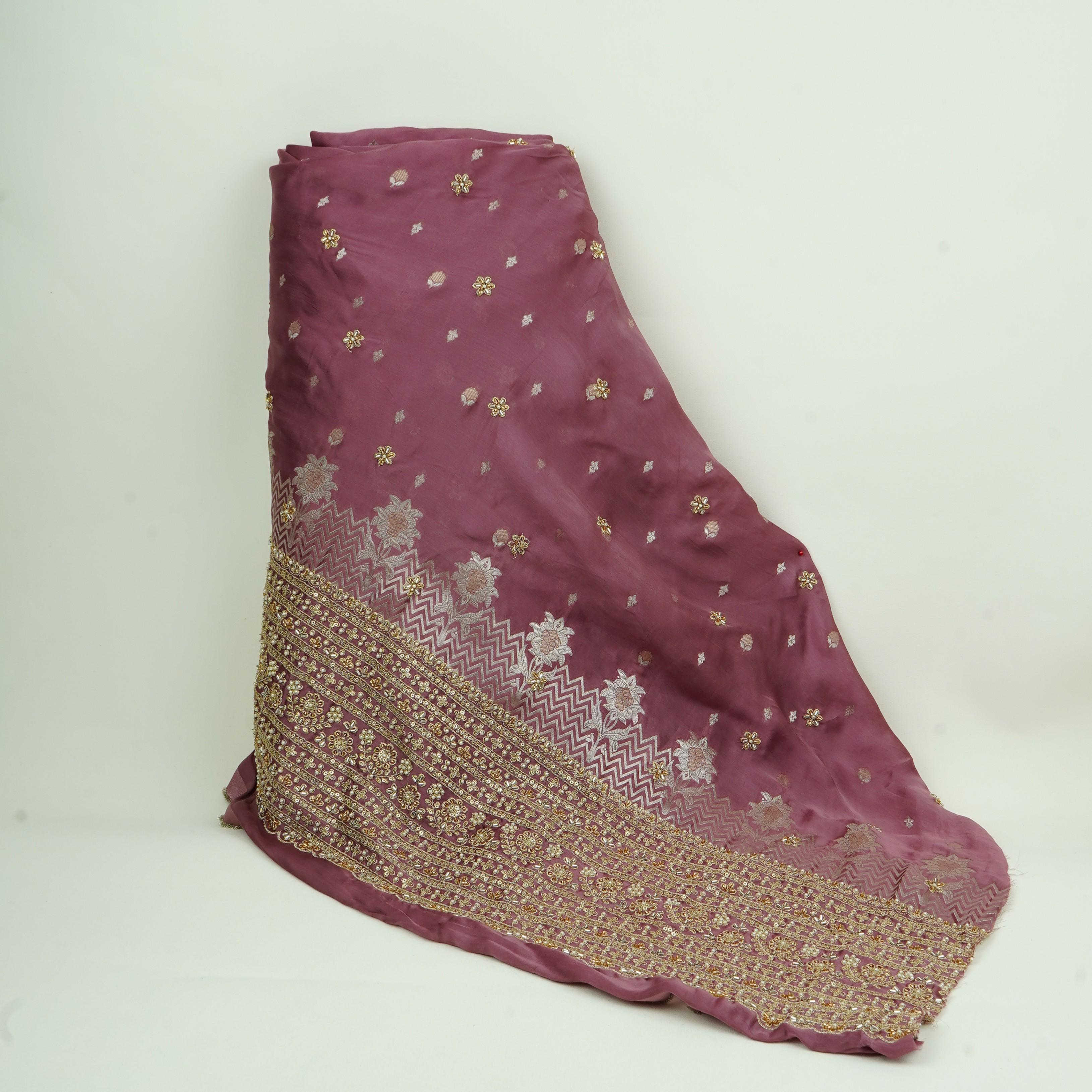 Dusky Pink Zari cutdana embroidery Satin Silk Fabric TF-31120 - TradeUNO