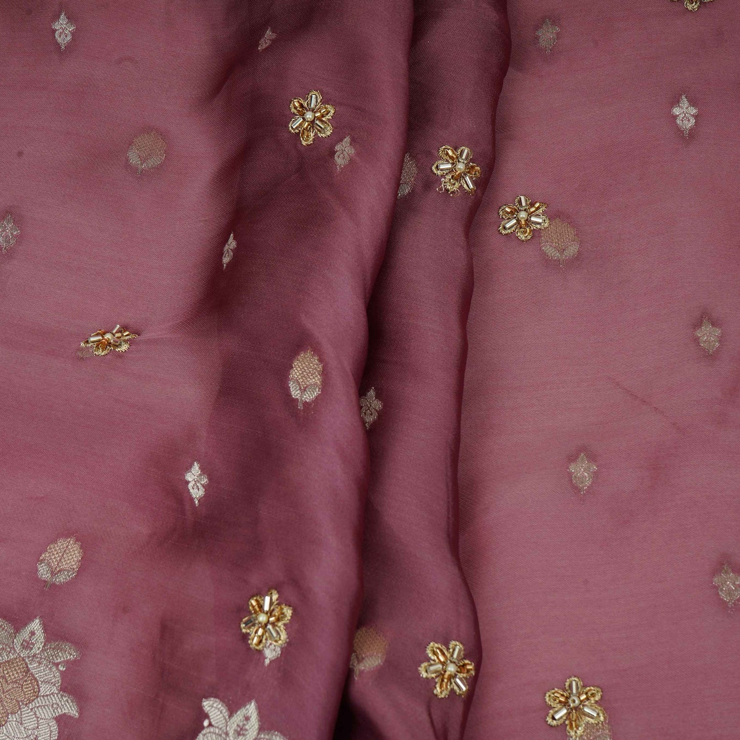 Dusky Pink Zari cutdana embroidery Satin Silk Fabric TF-31120