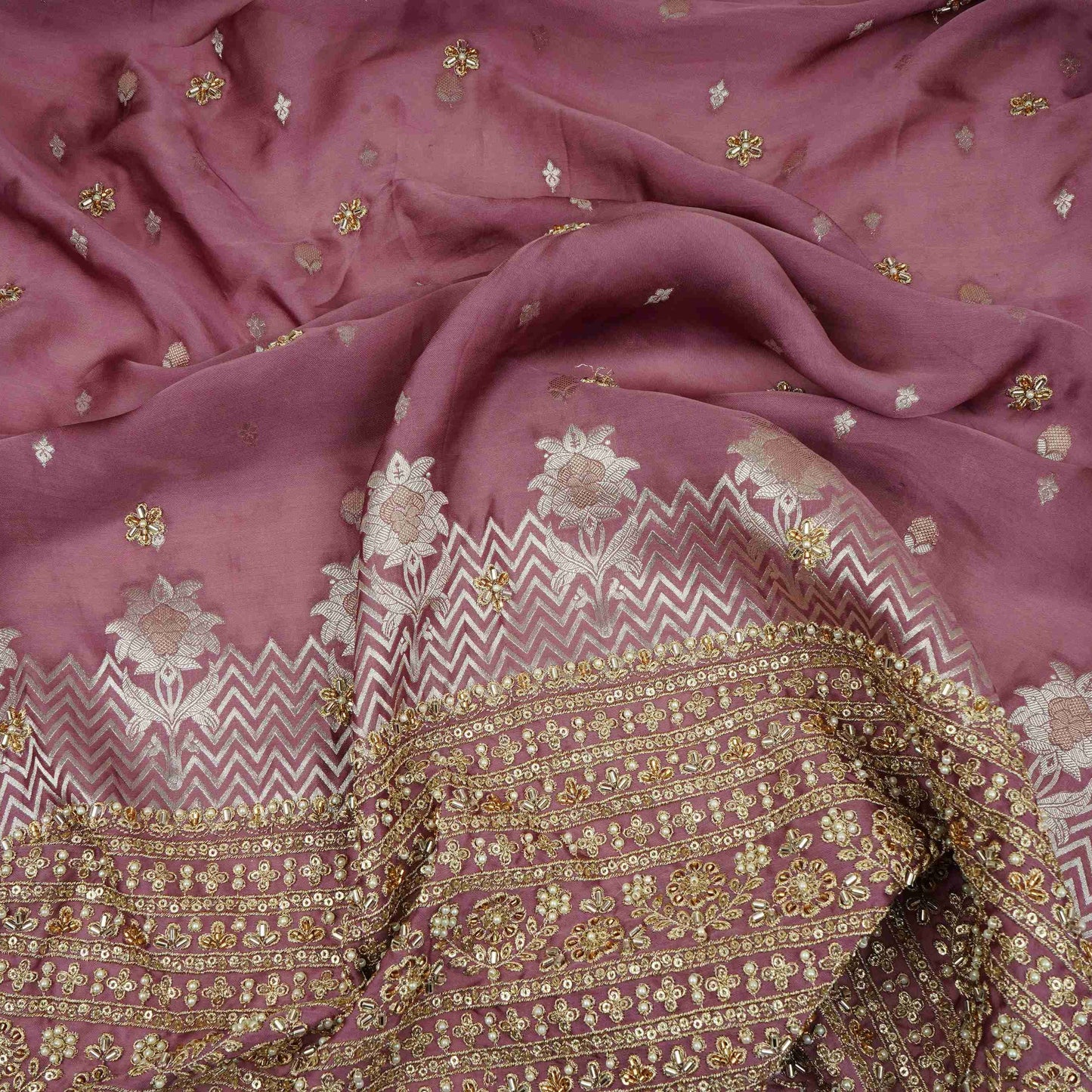 Dusky Pink Zari cutdana embroidery Satin Silk Fabric TF-31120