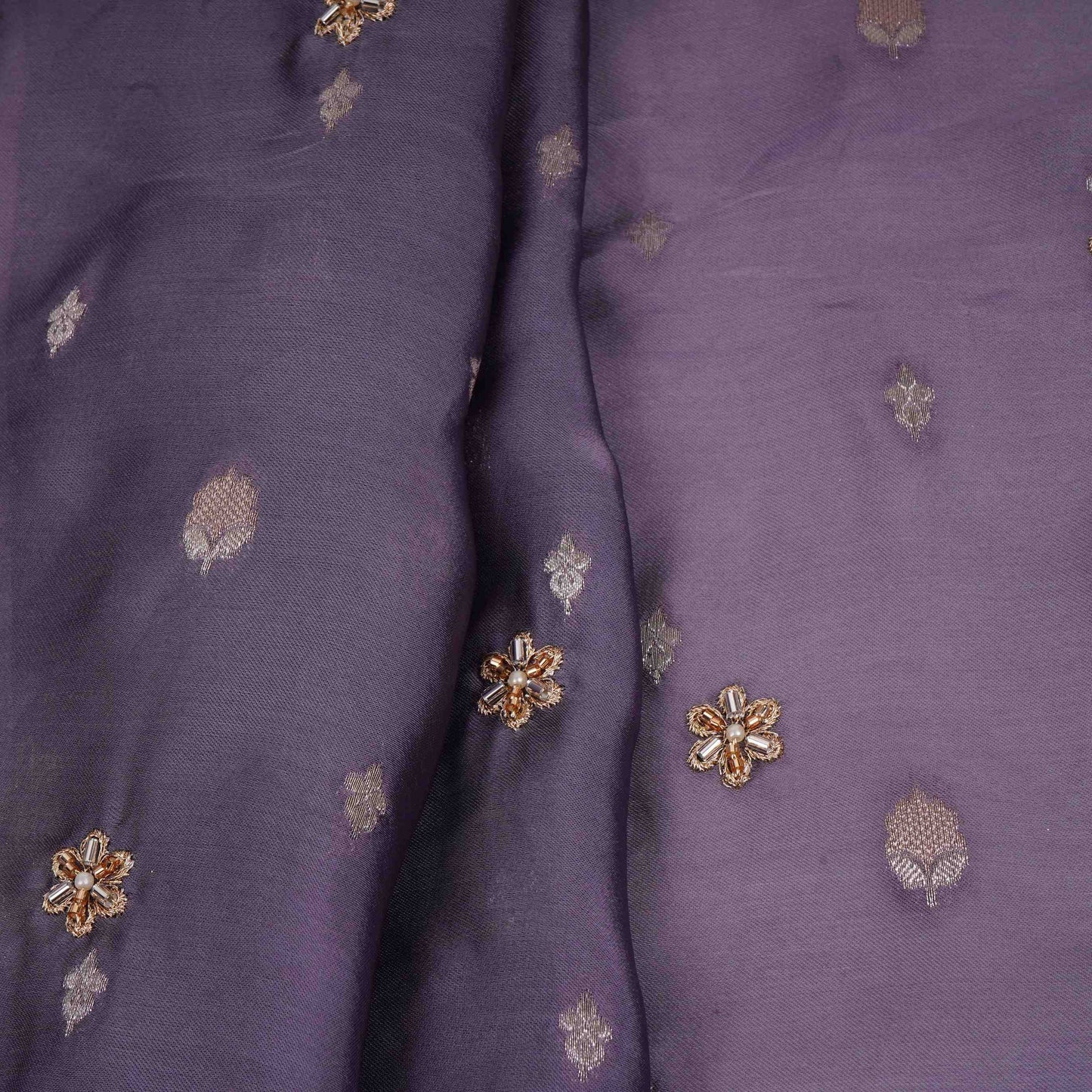 Lavender Zari cutdana embroidery Satin Silk Fabric TF-31121