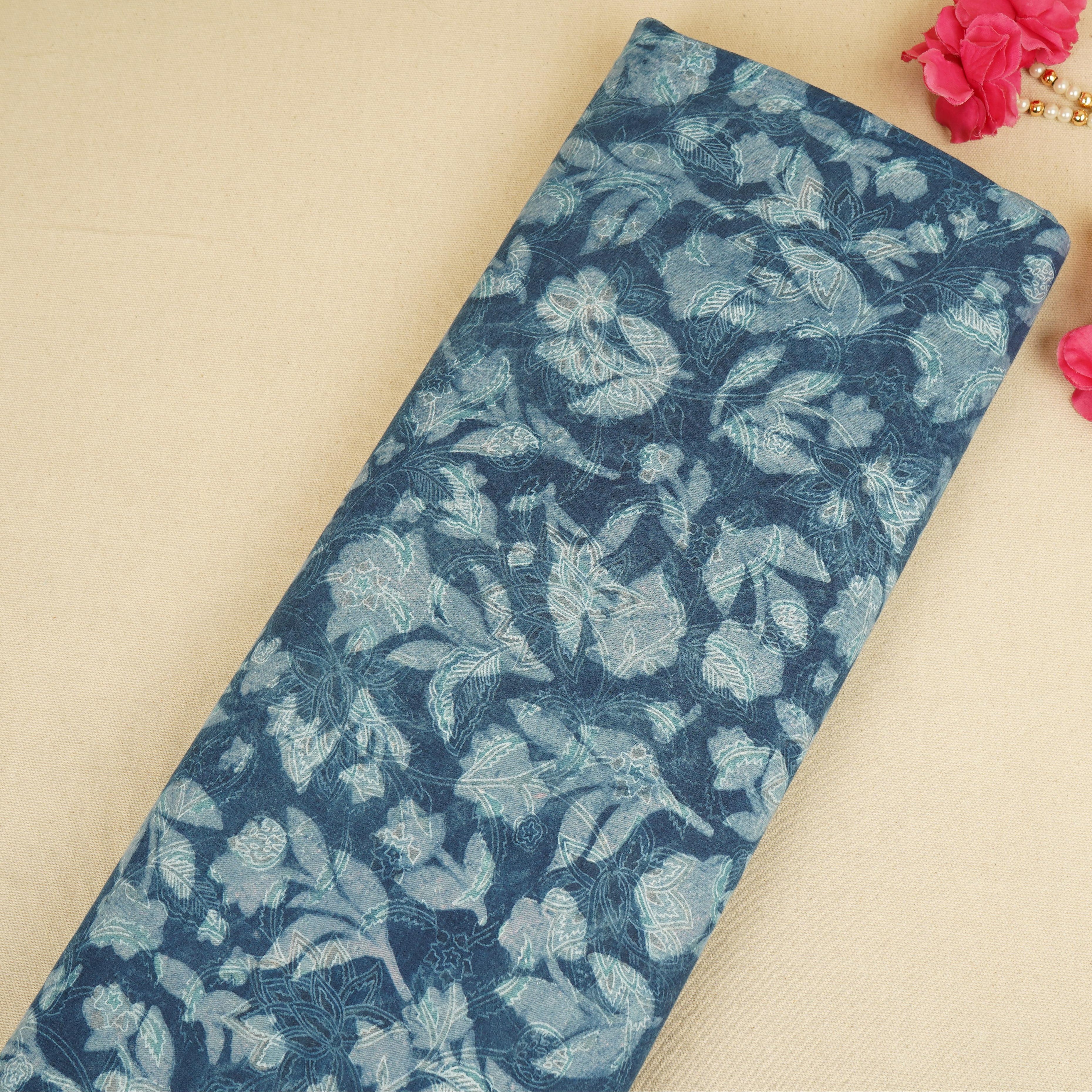 Blue with Multicolor Dabu Print Cotton Fabric NC-29663 - TradeUNO