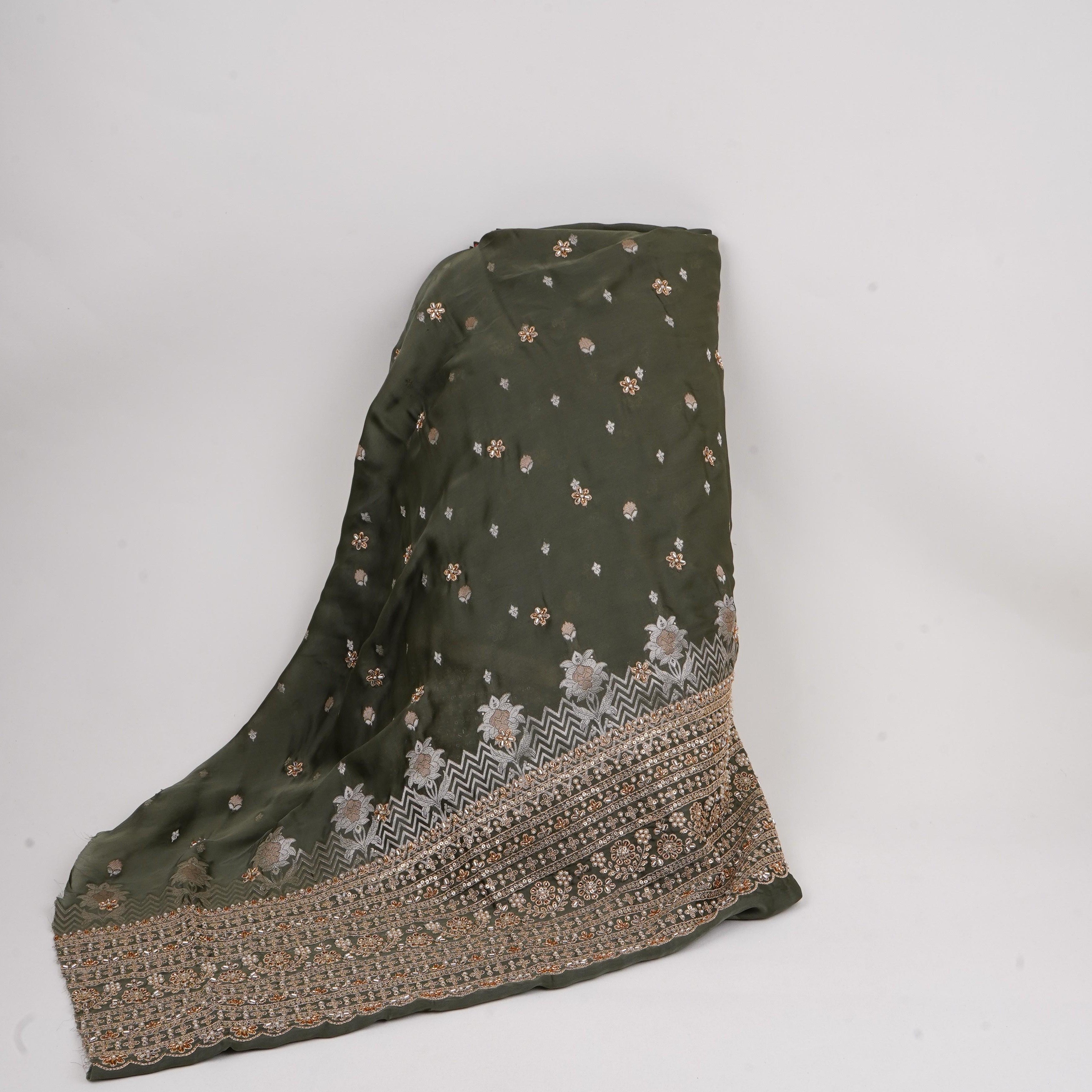 Green Zari cutdana embroidery Satin Silk Fabric TF-31119 - TradeUNO