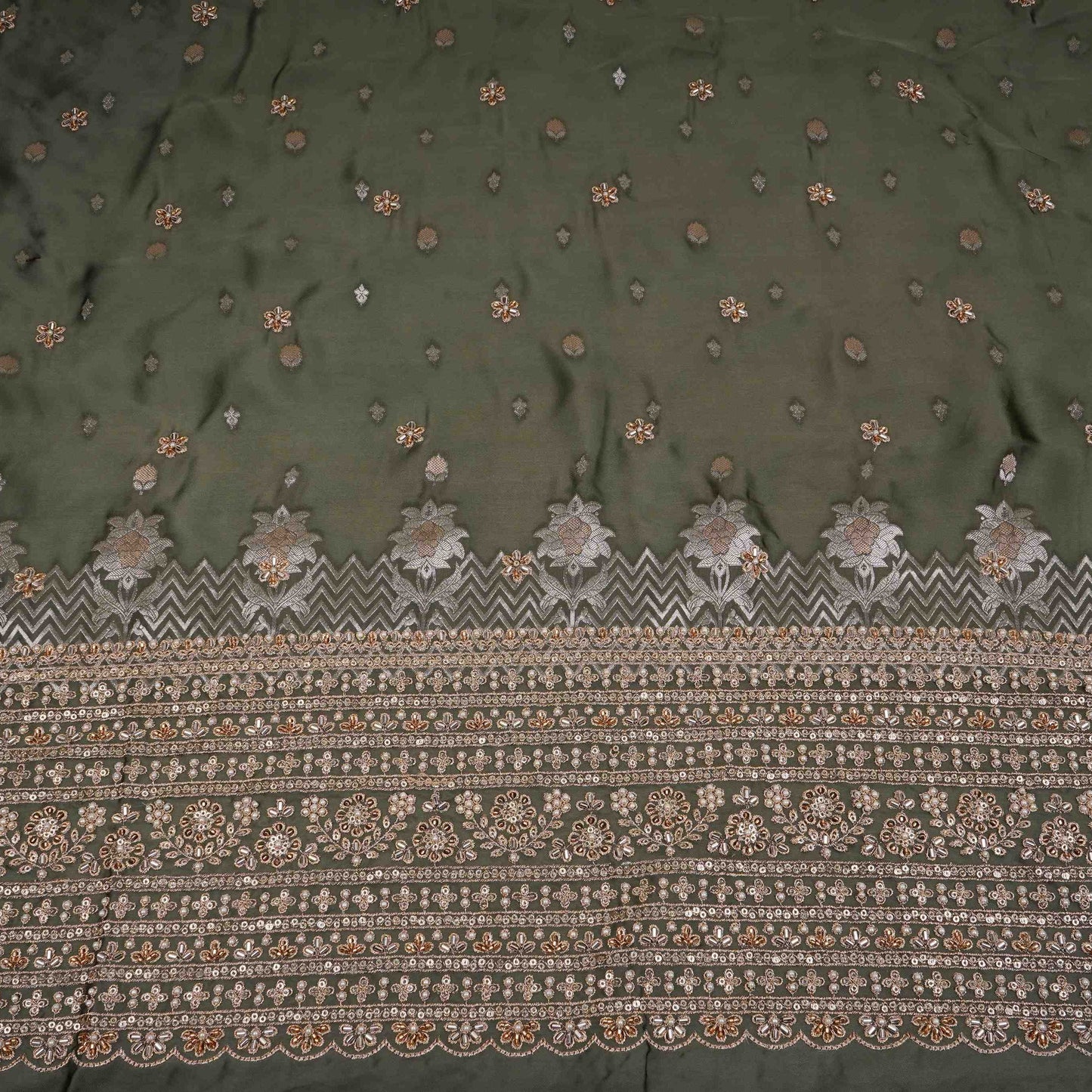 Green Zari cutdana embroidery Satin Silk Fabric TF-31119
