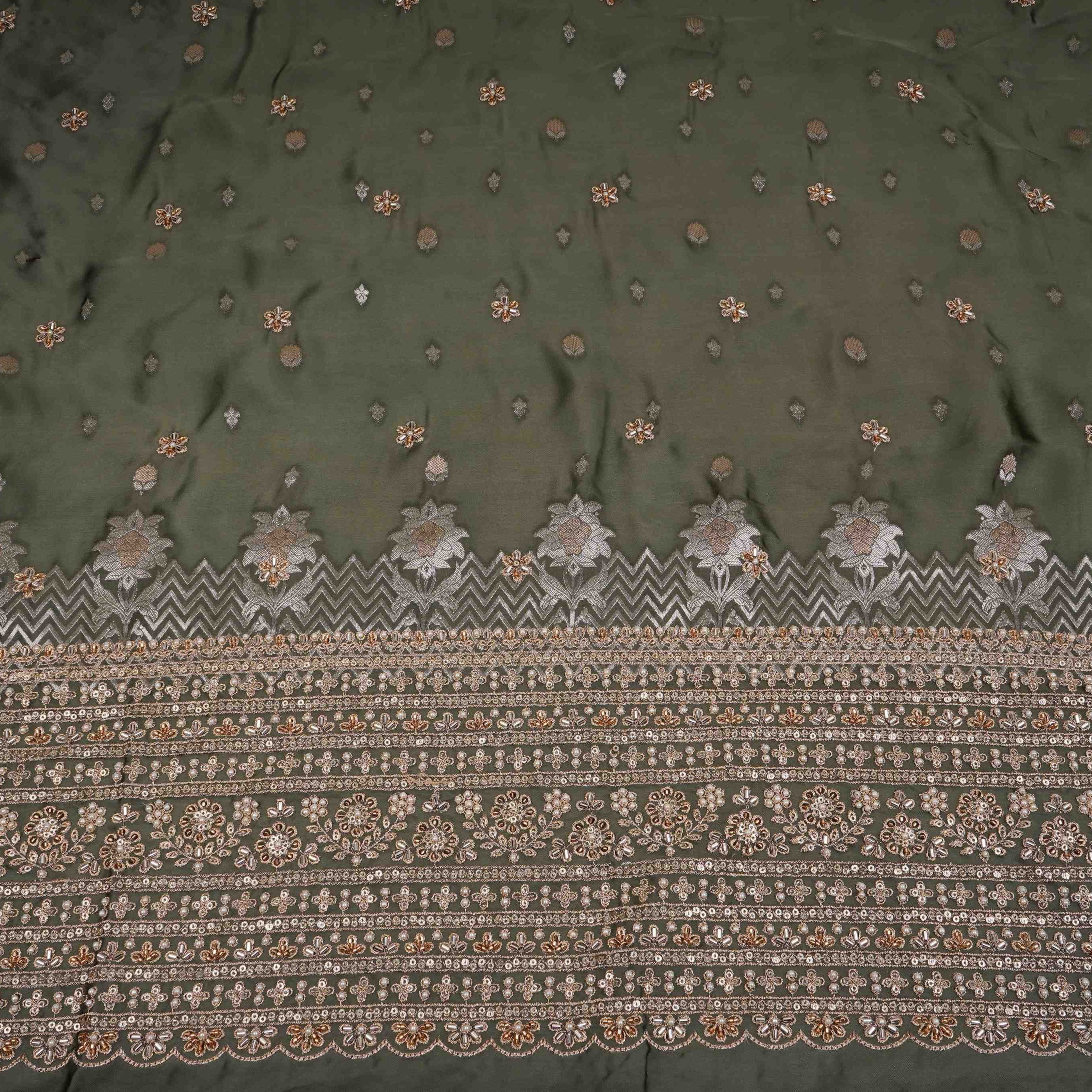 Green Zari cutdana embroidery Satin Silk Fabric TF-31119 - TradeUNO