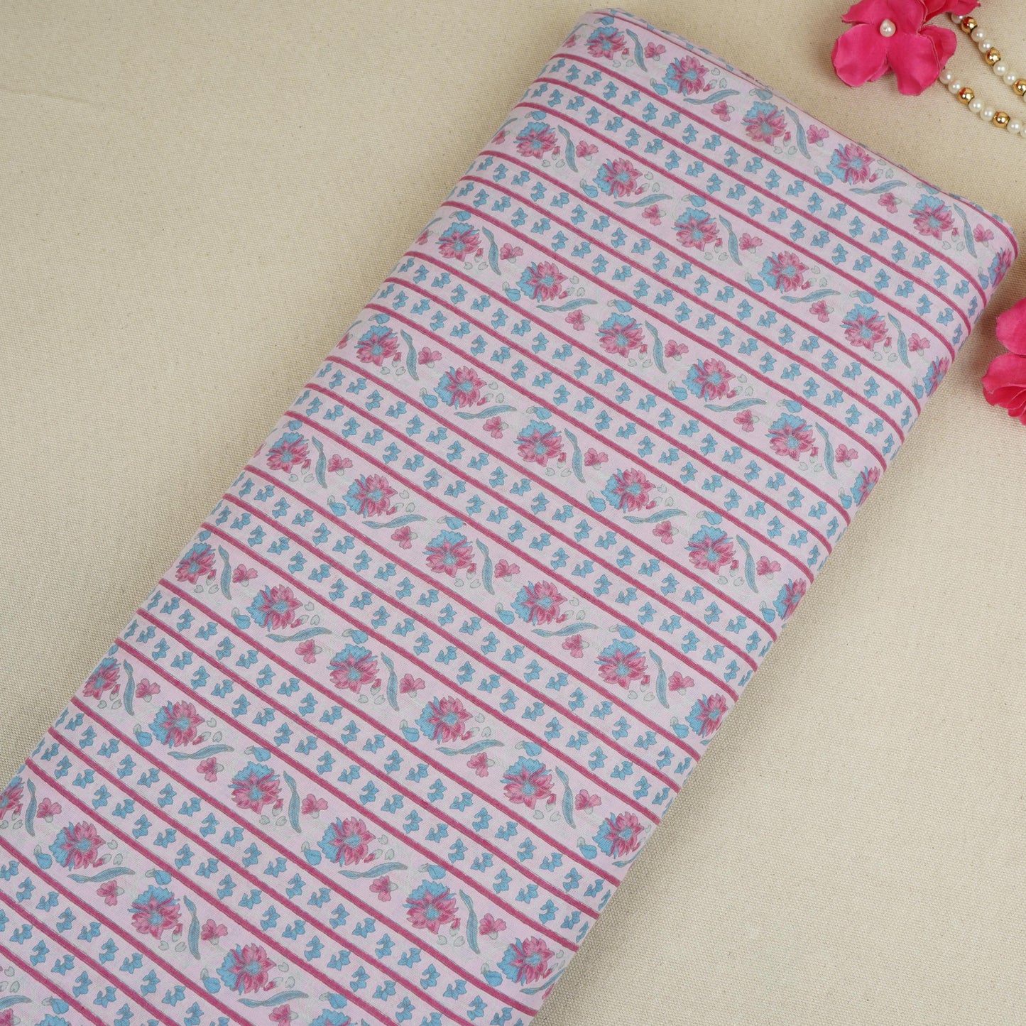 Baby Pink Stripes Print Cotton Fabric AFI-29533