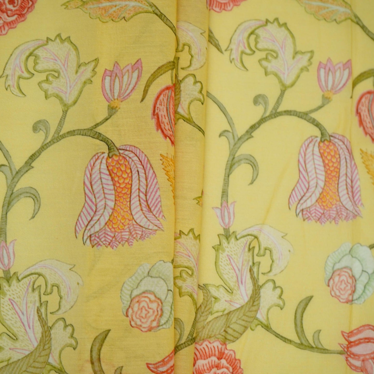 Yellow Chintz Floral Print Mul Chanderi Fabric GTS-30502