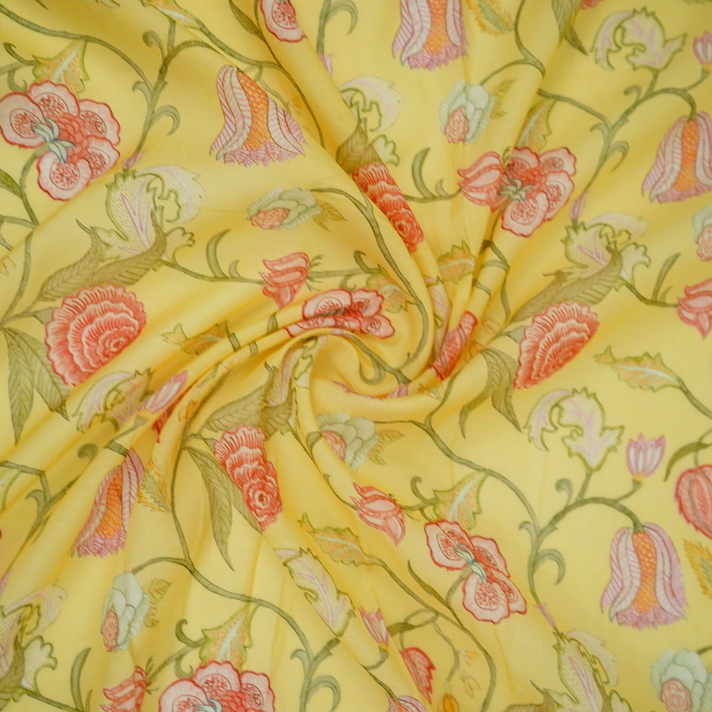 Yellow Chintz Floral Print Mul Chanderi Fabric GTS-30502