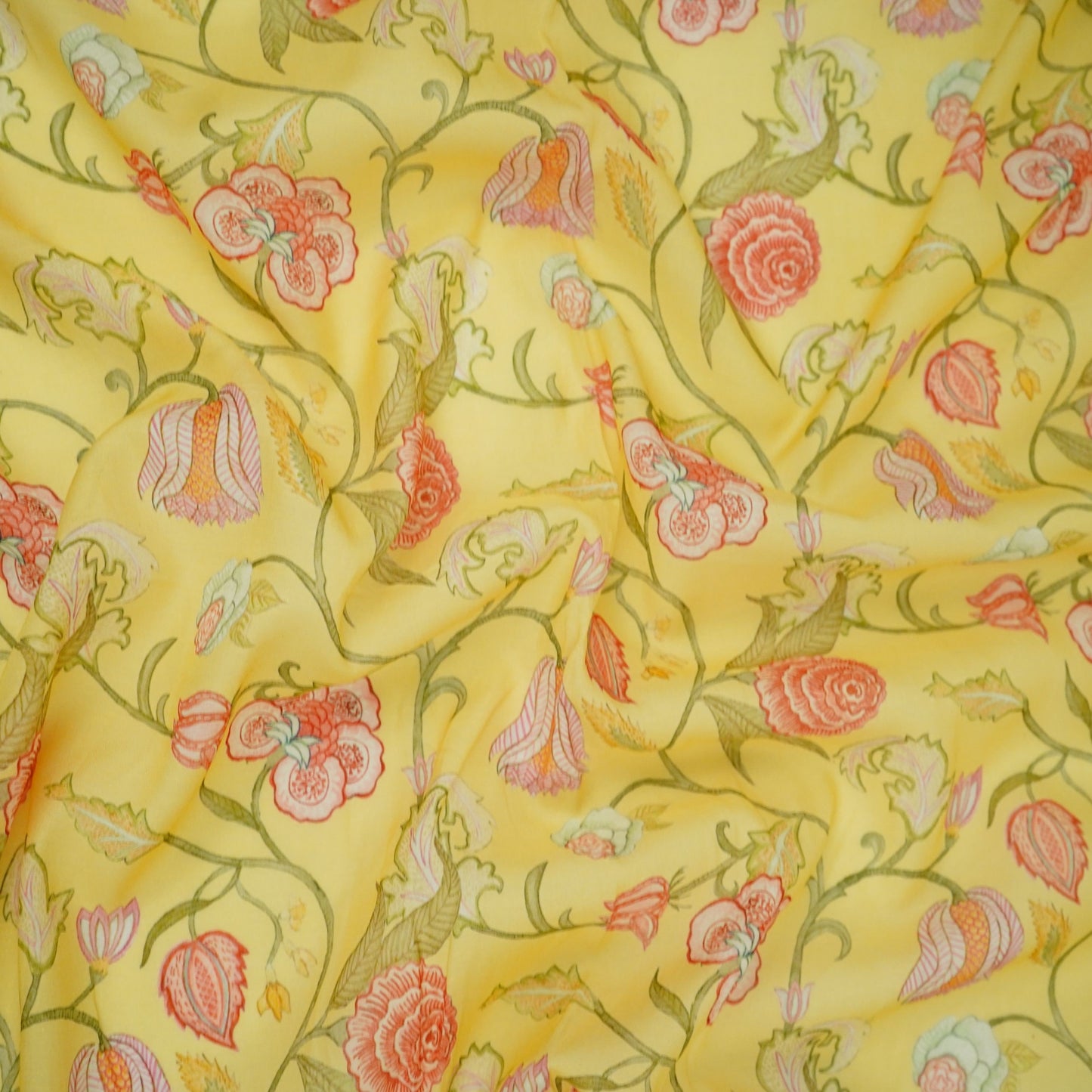 Yellow Chintz Floral Print Mul Chanderi Fabric GTS-30502