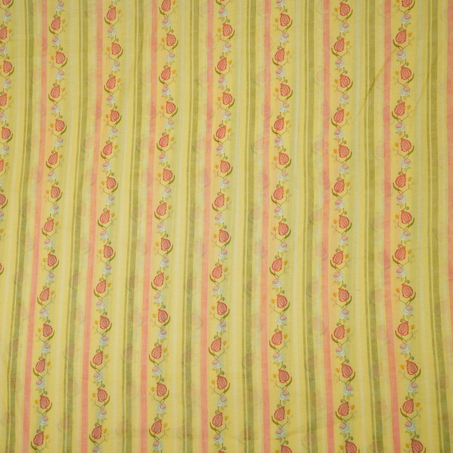 Yellow & Green Stripes Print Mul Chanderi Fabric GTS-30503