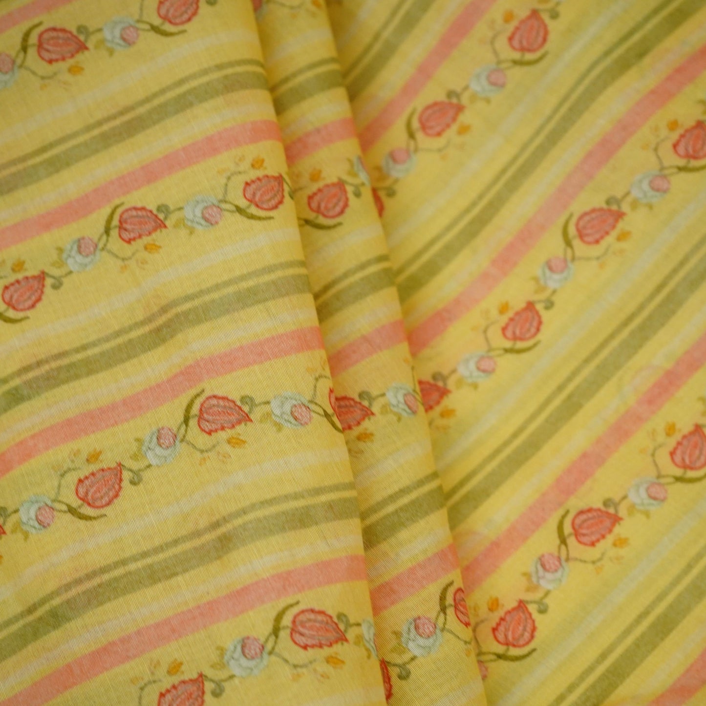 Yellow & Green Stripes Print Mul Chanderi Fabric GTS-30503