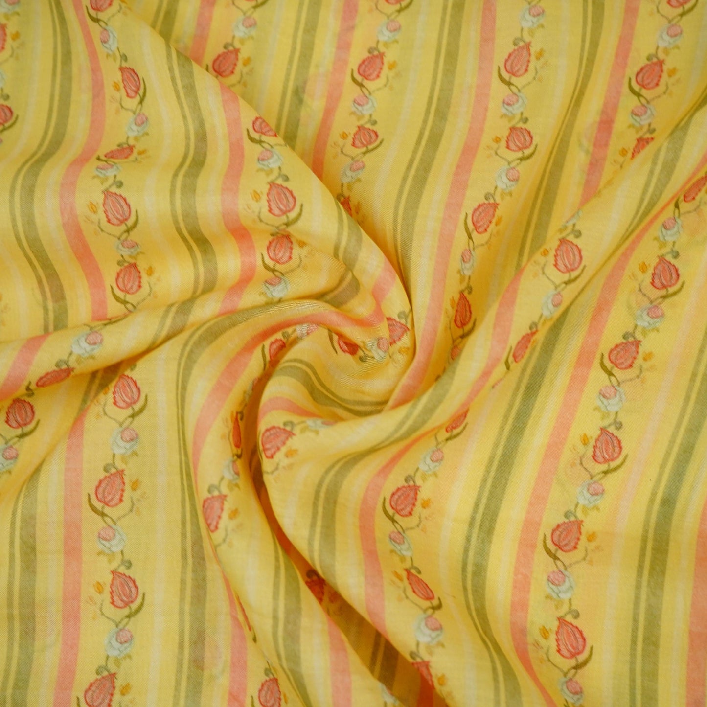Yellow & Green Stripes Print Mul Chanderi Fabric GTS-30503